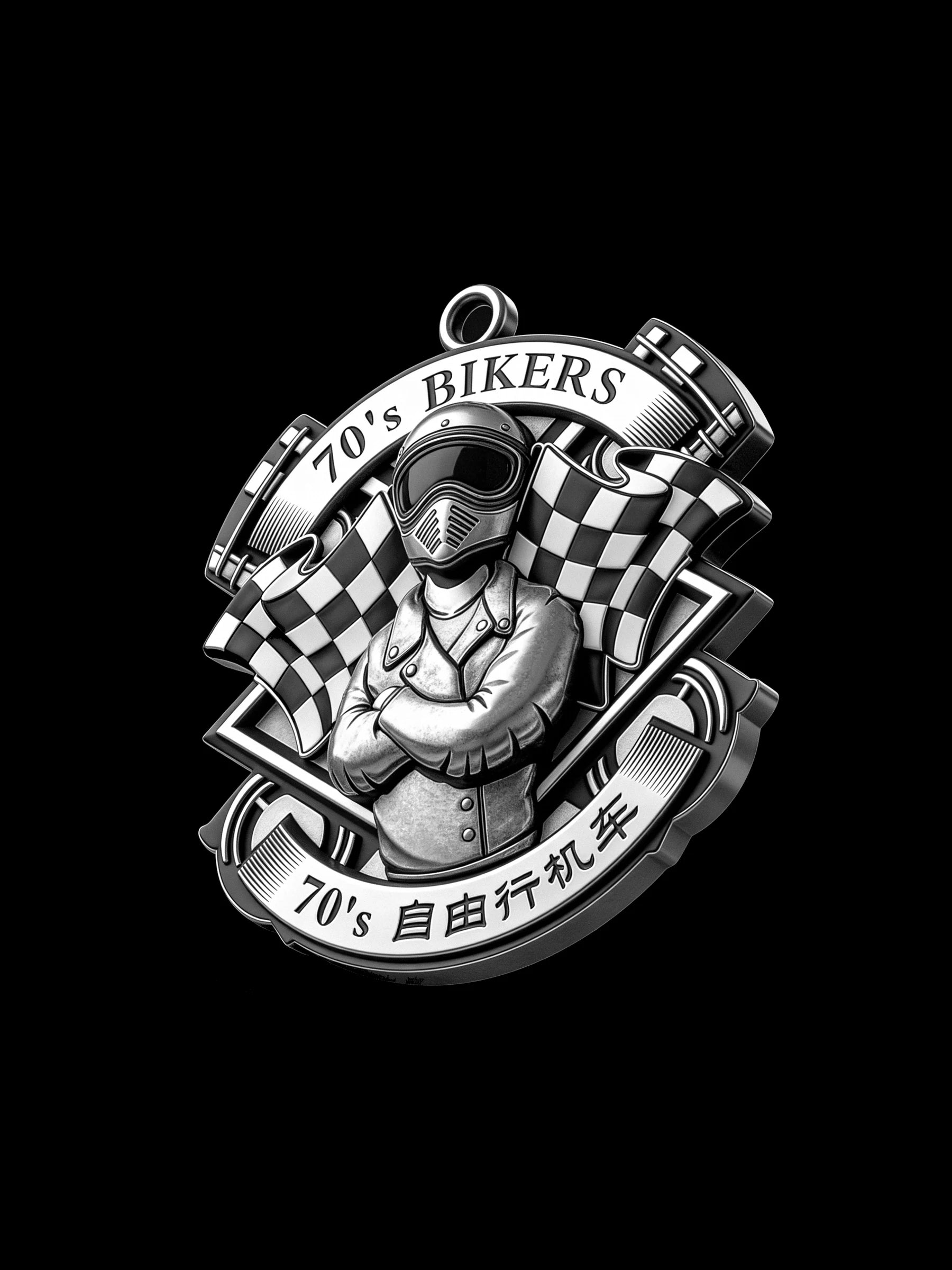Custom retro racer motorcycle club pendant craftsmanship reference, left angle
