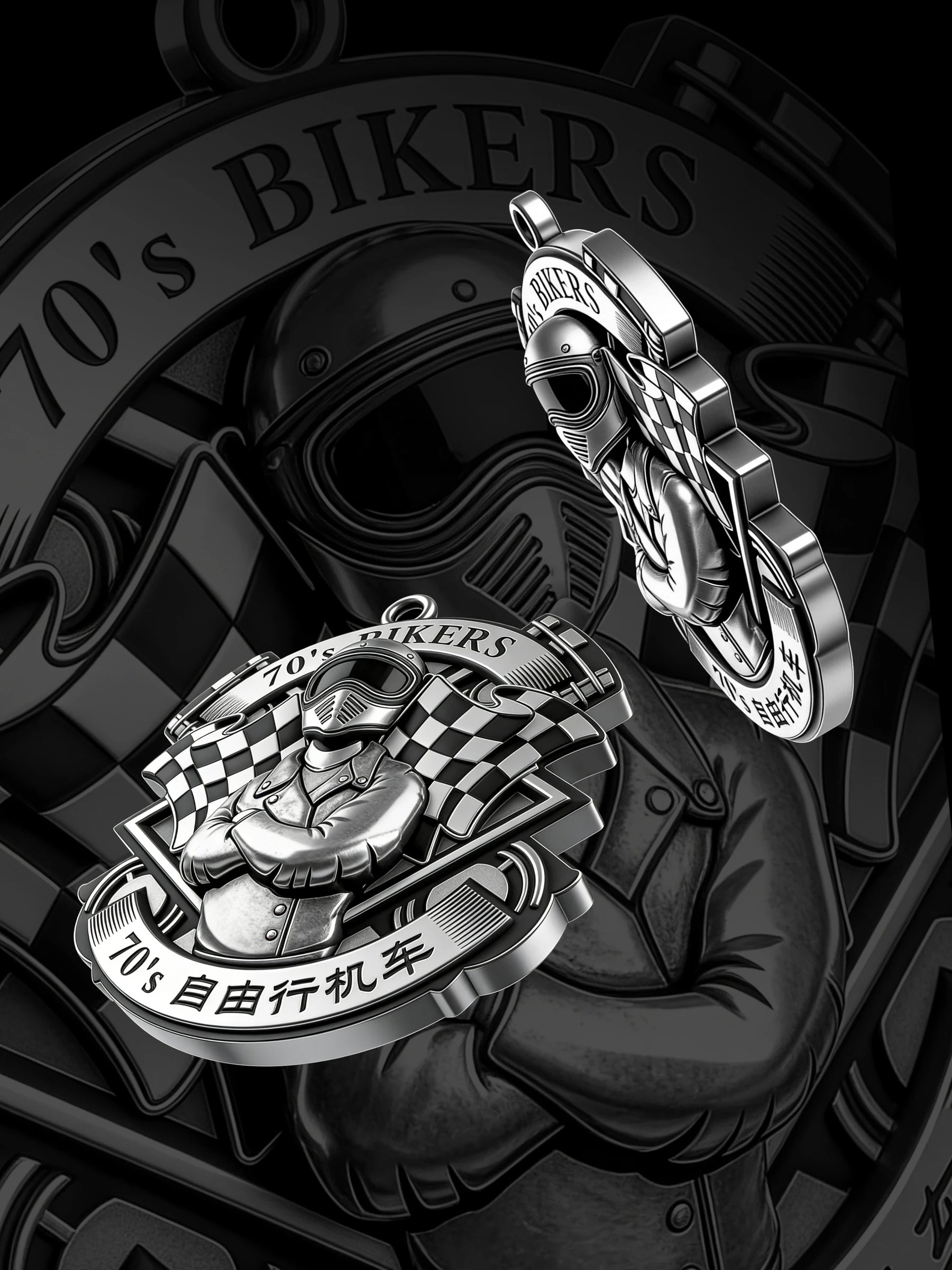 Custom retro racer motorcycle club pendant craftsmanship reference, paired display