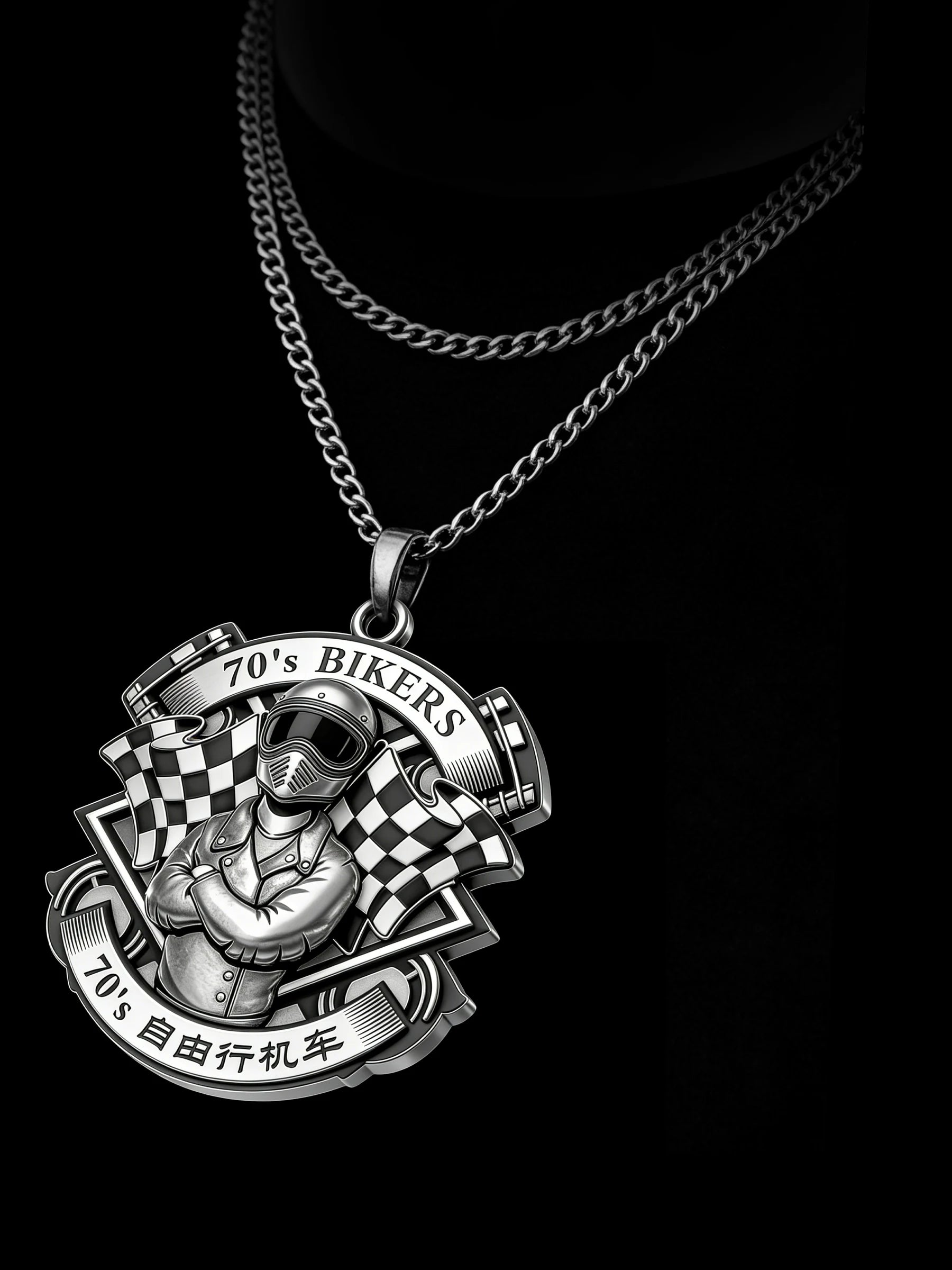 Custom retro racer motorcycle club pendant craftsmanship reference, raised relief detail