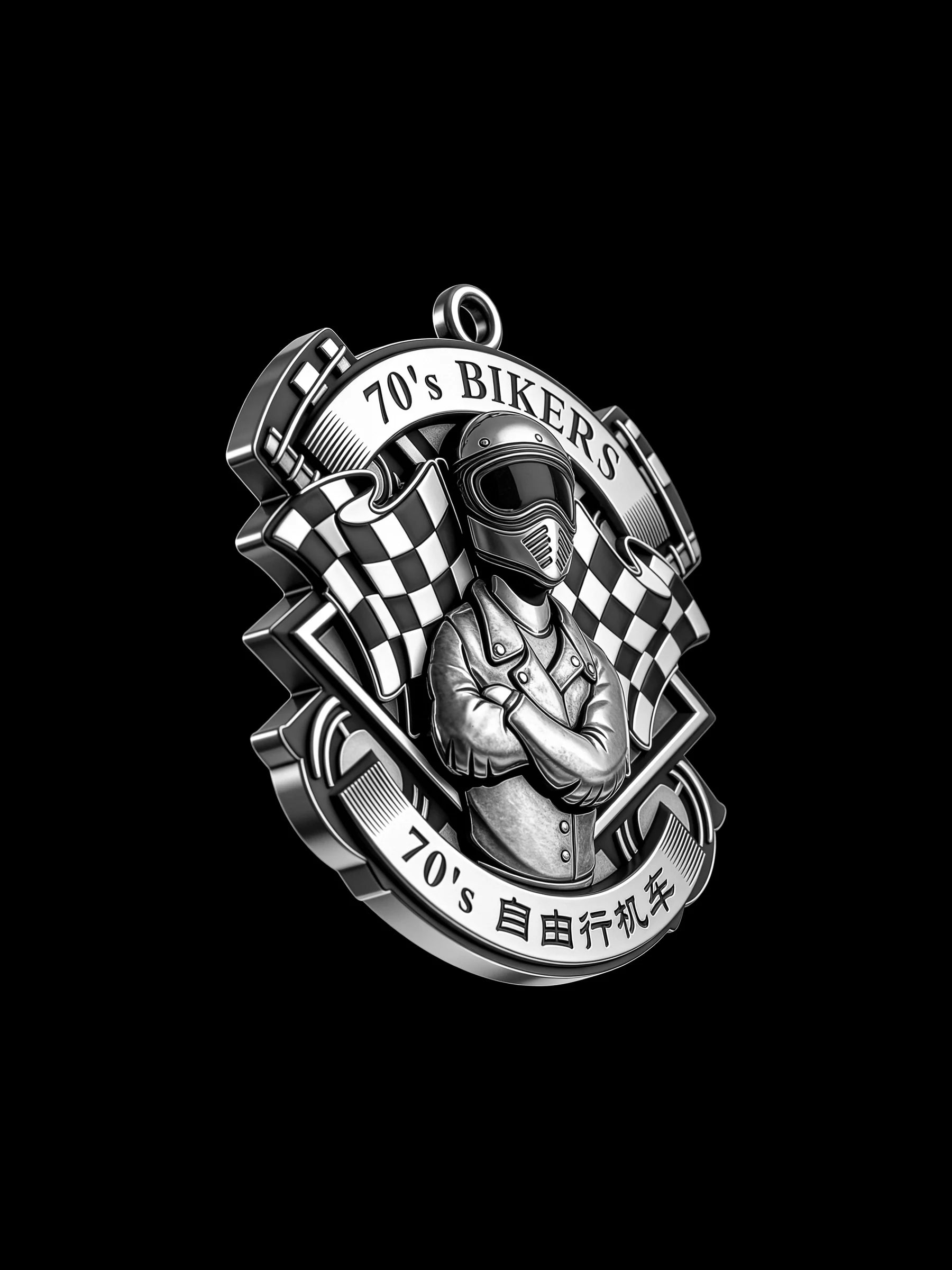 Custom retro racer motorcycle club pendant craftsmanship reference, right angle
