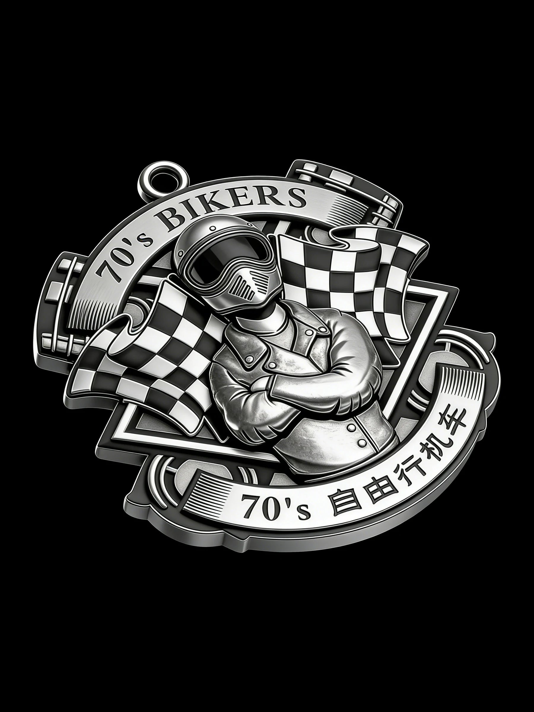 Custom retro racer motorcycle club pendant craftsmanship reference, side profile