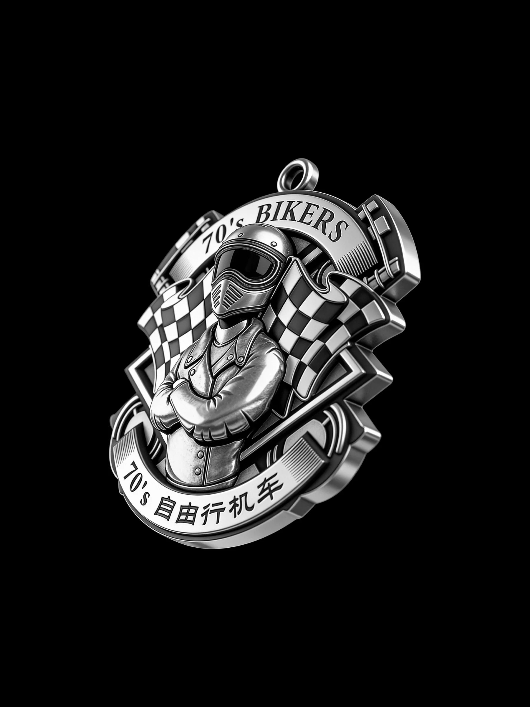 Custom retro racer motorcycle club pendant craftsmanship reference, three quarter view