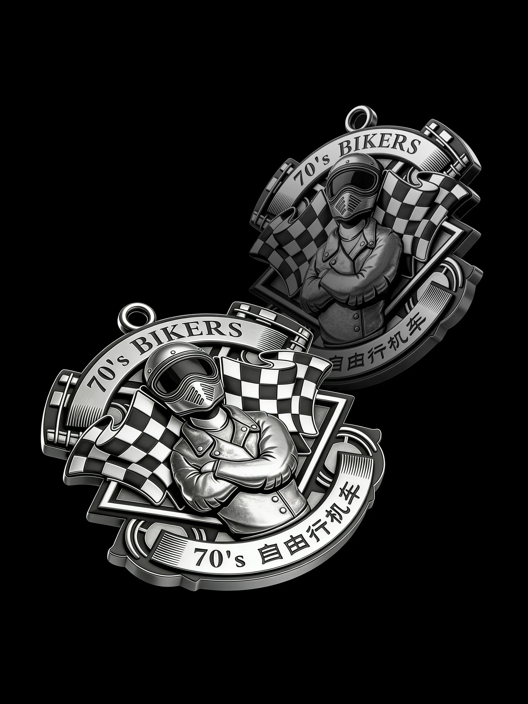 Custom retro racer motorcycle club pendant craftsmanship reference, with chain