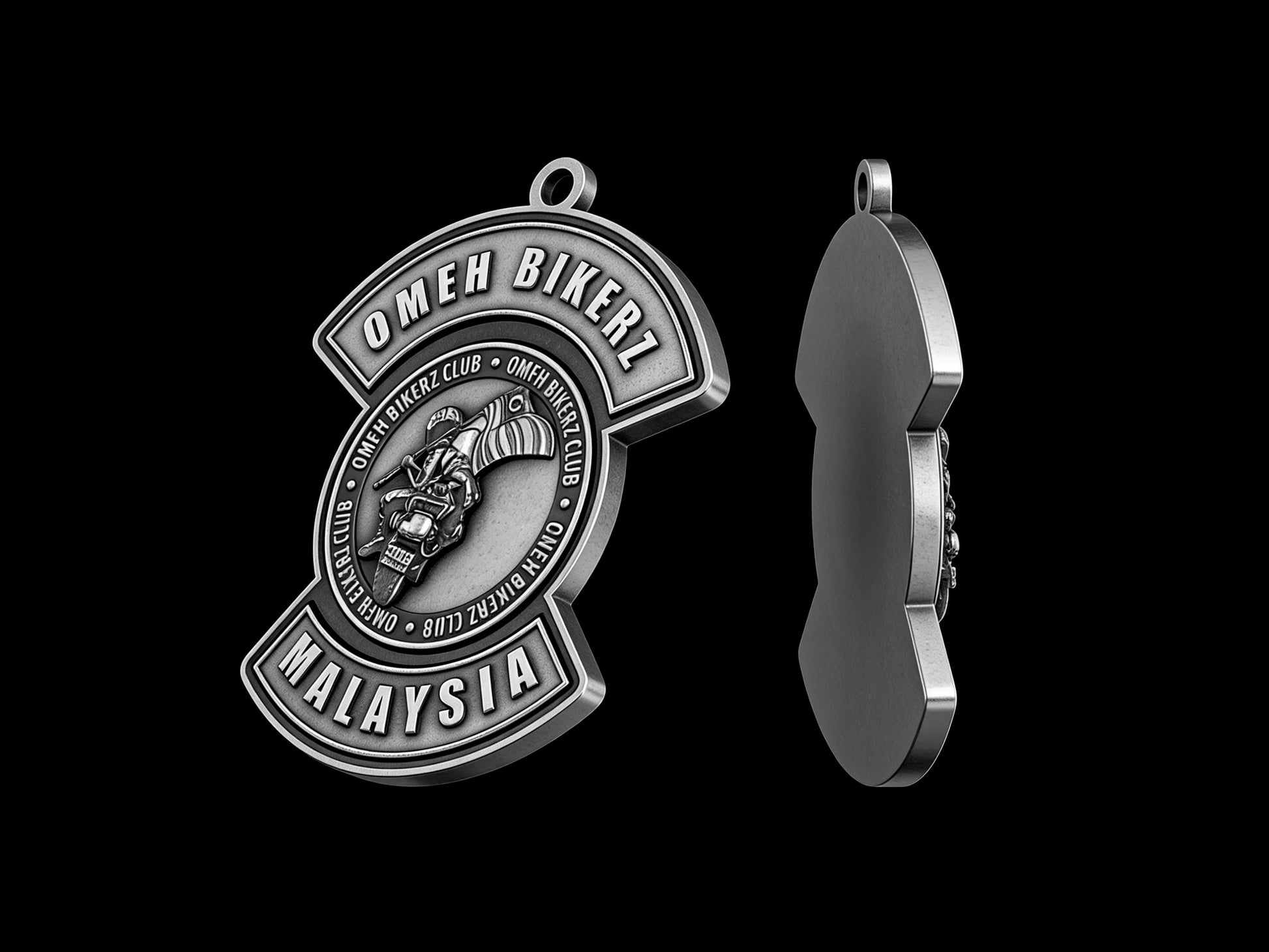 Custom round eagle motorcycle club pendant craftsmanship reference, back and front