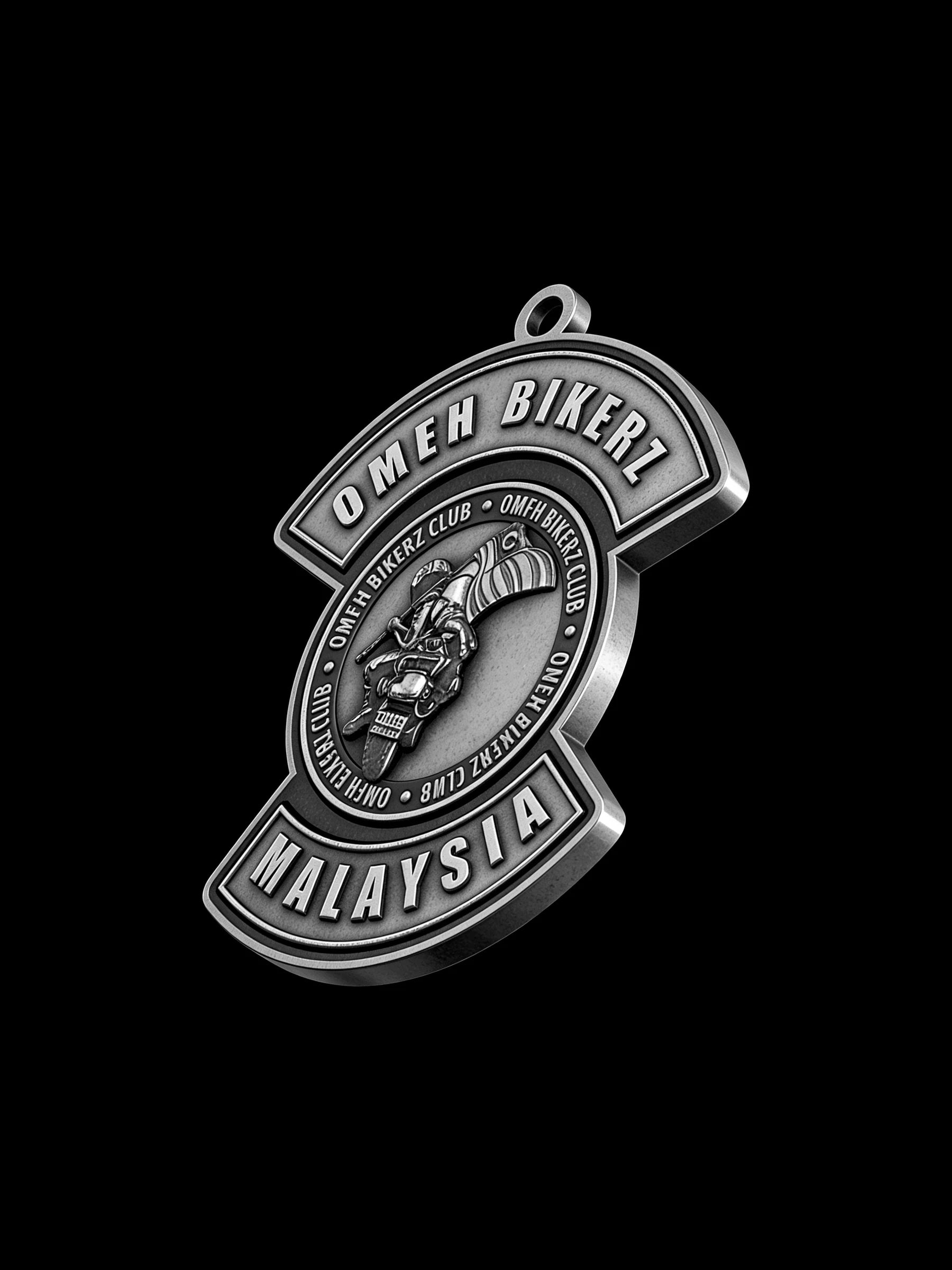 Custom round eagle motorcycle club pendant craftsmanship reference, left angle