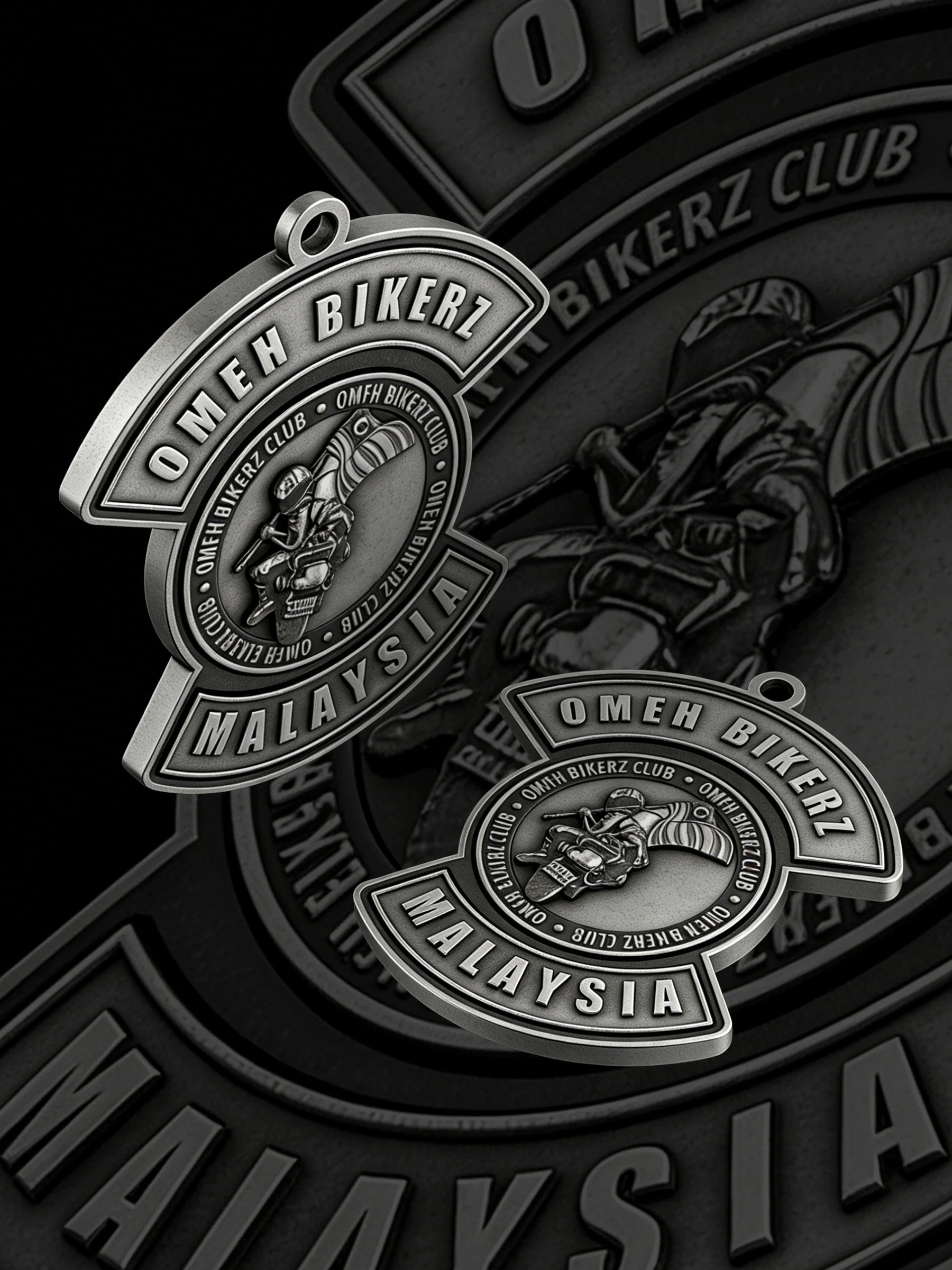 Custom round eagle motorcycle club pendant craftsmanship reference, paired display