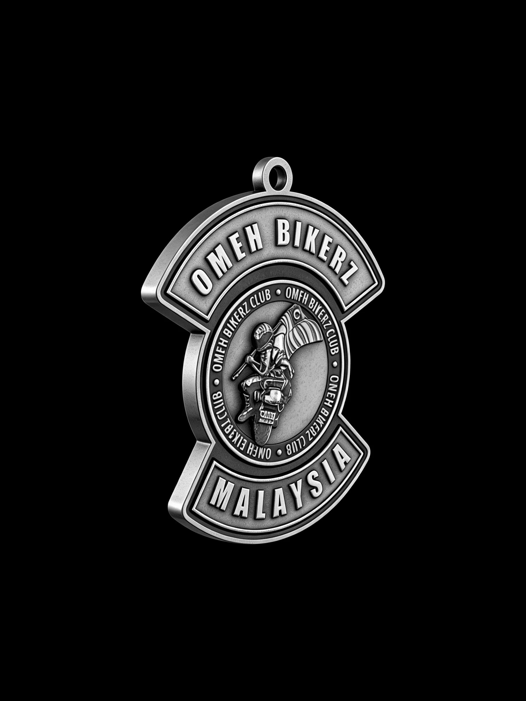 Custom round eagle motorcycle club pendant craftsmanship reference, right angle