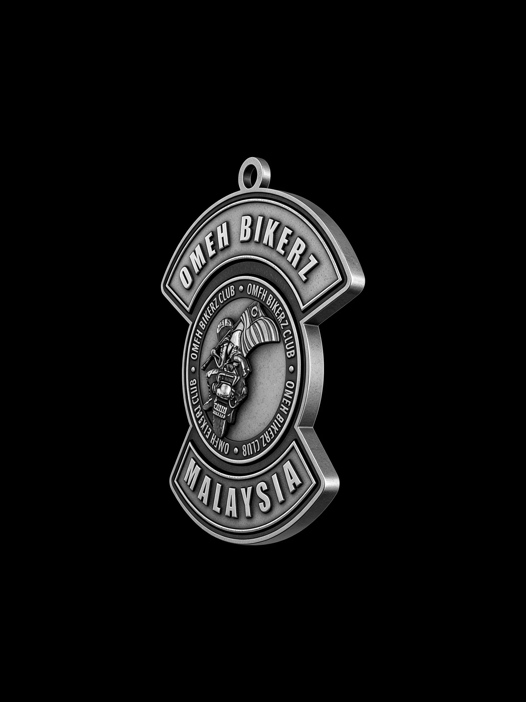 Custom round eagle motorcycle club pendant craftsmanship reference, three quarter view