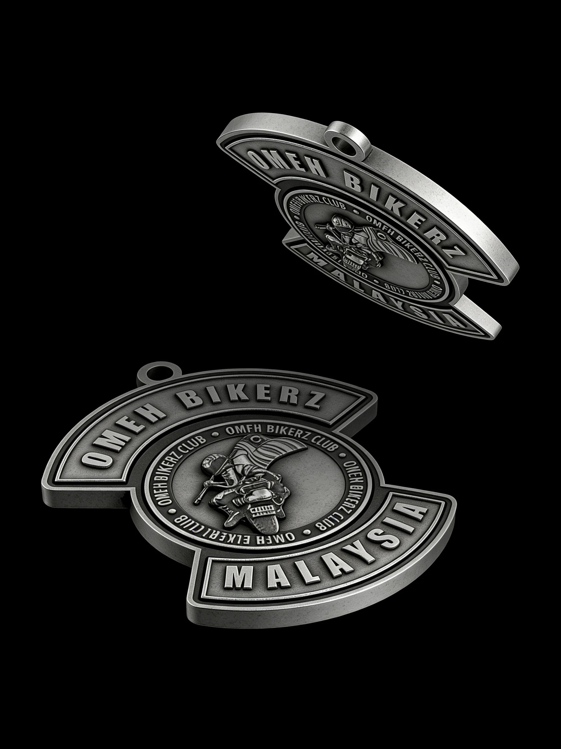 Custom round eagle motorcycle club pendant craftsmanship reference, with chain