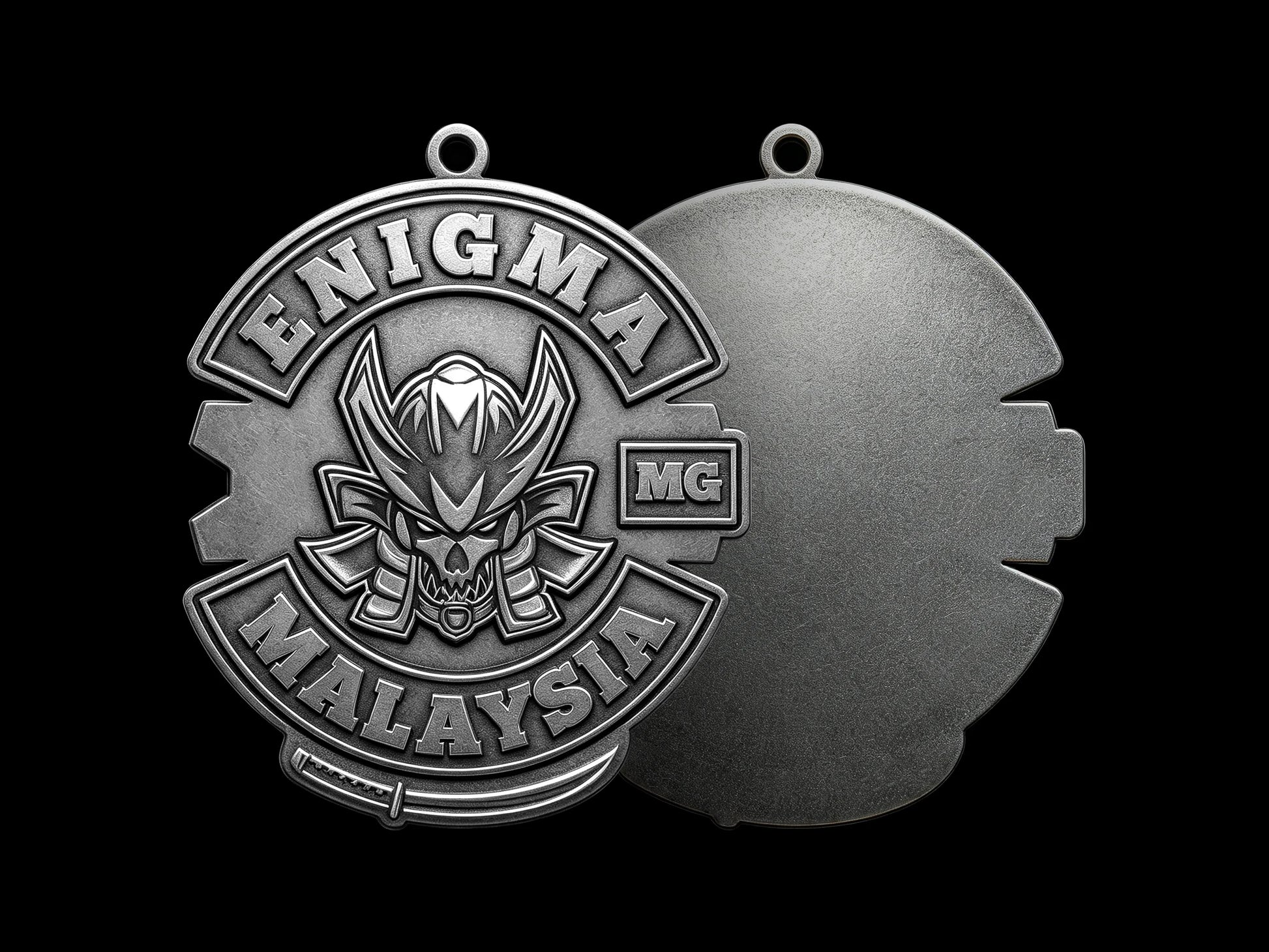 Custom samurai demon motorcycle club pendant craftsmanship reference, back and front