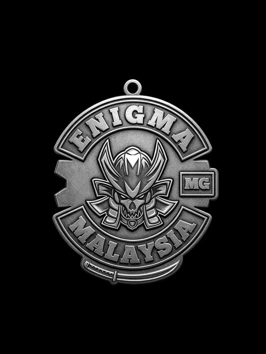 Custom samurai demon motorcycle club pendant craftsmanship reference, front view