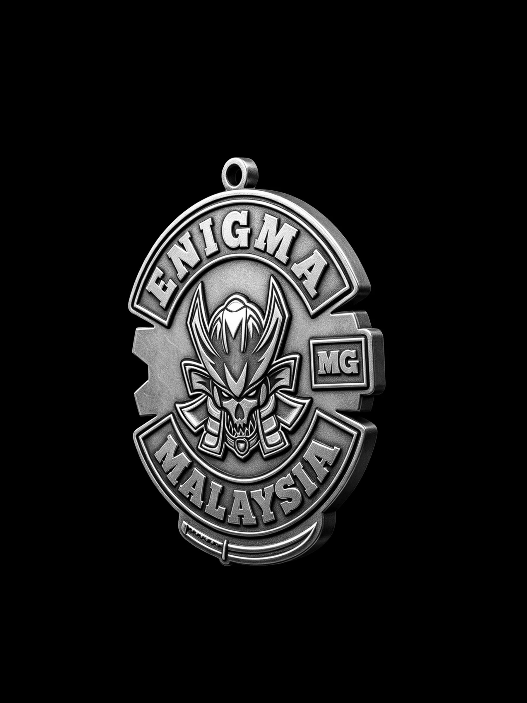 Custom samurai demon motorcycle club pendant craftsmanship reference, left angle