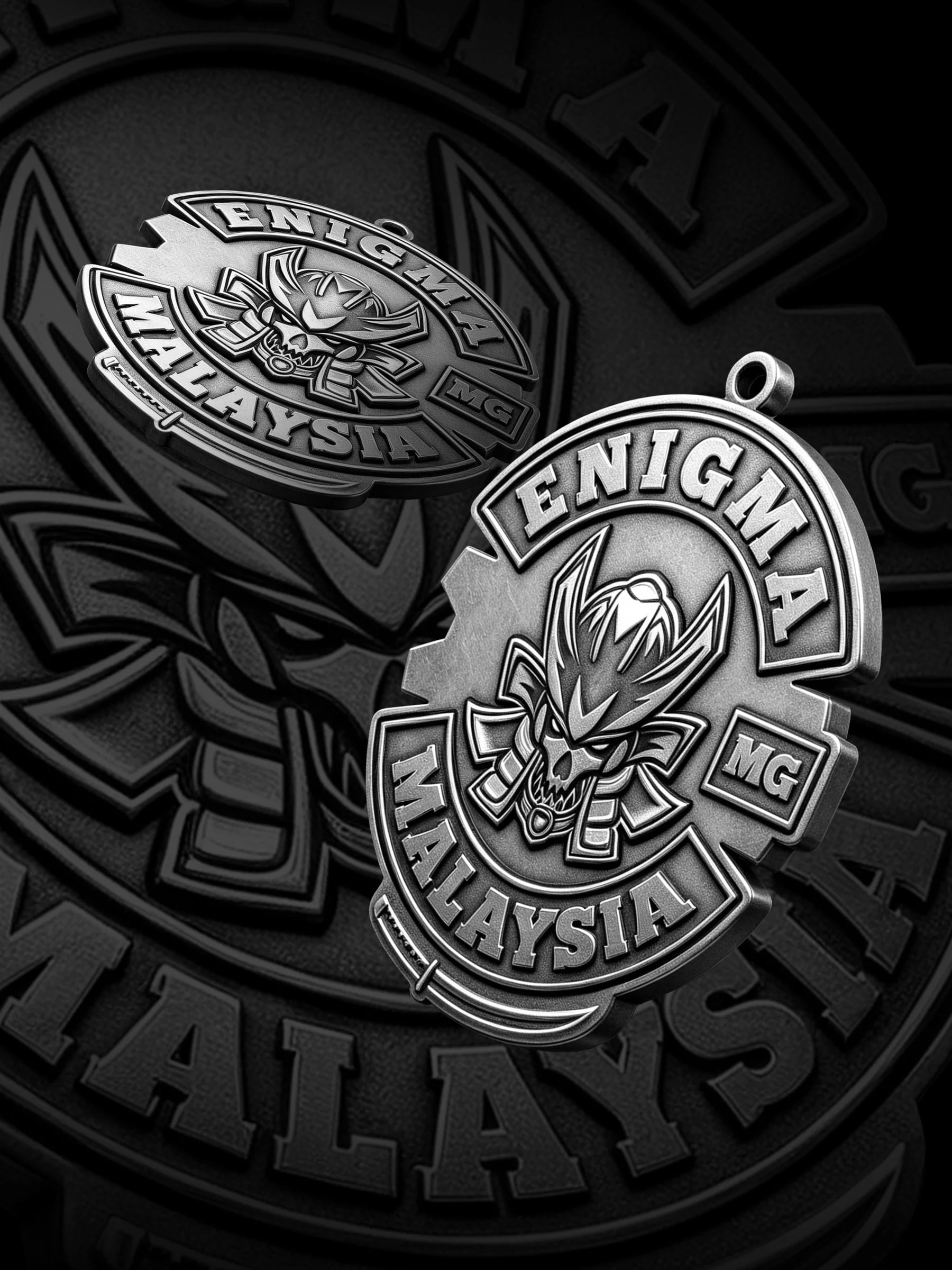 Custom samurai demon motorcycle club pendant craftsmanship reference, paired display