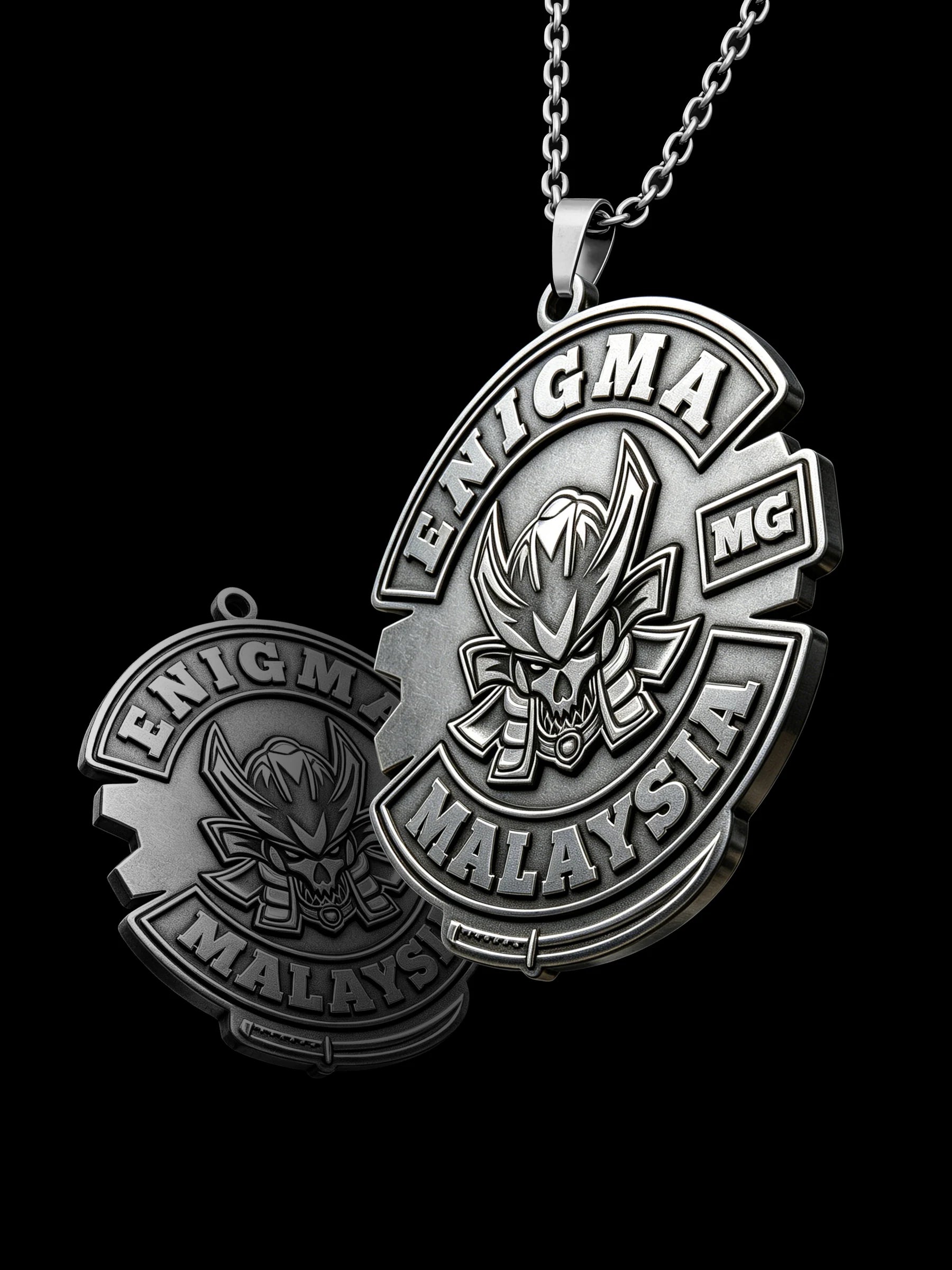 Custom samurai demon motorcycle club pendant craftsmanship reference, raised relief detail