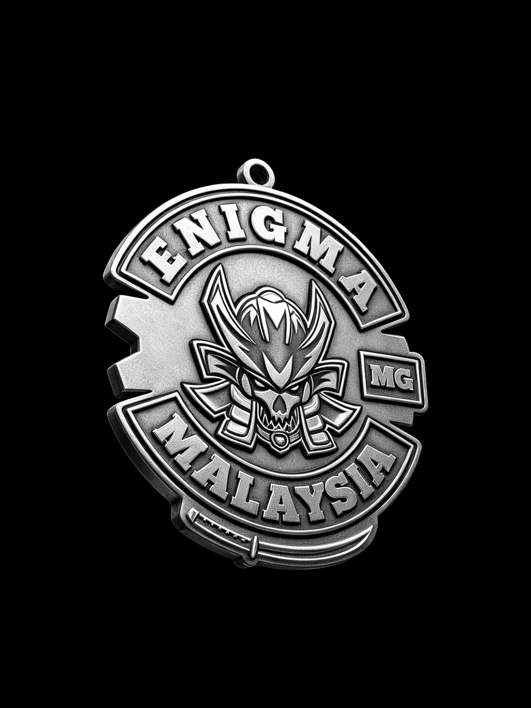 Custom samurai demon motorcycle club pendant craftsmanship reference, right angle