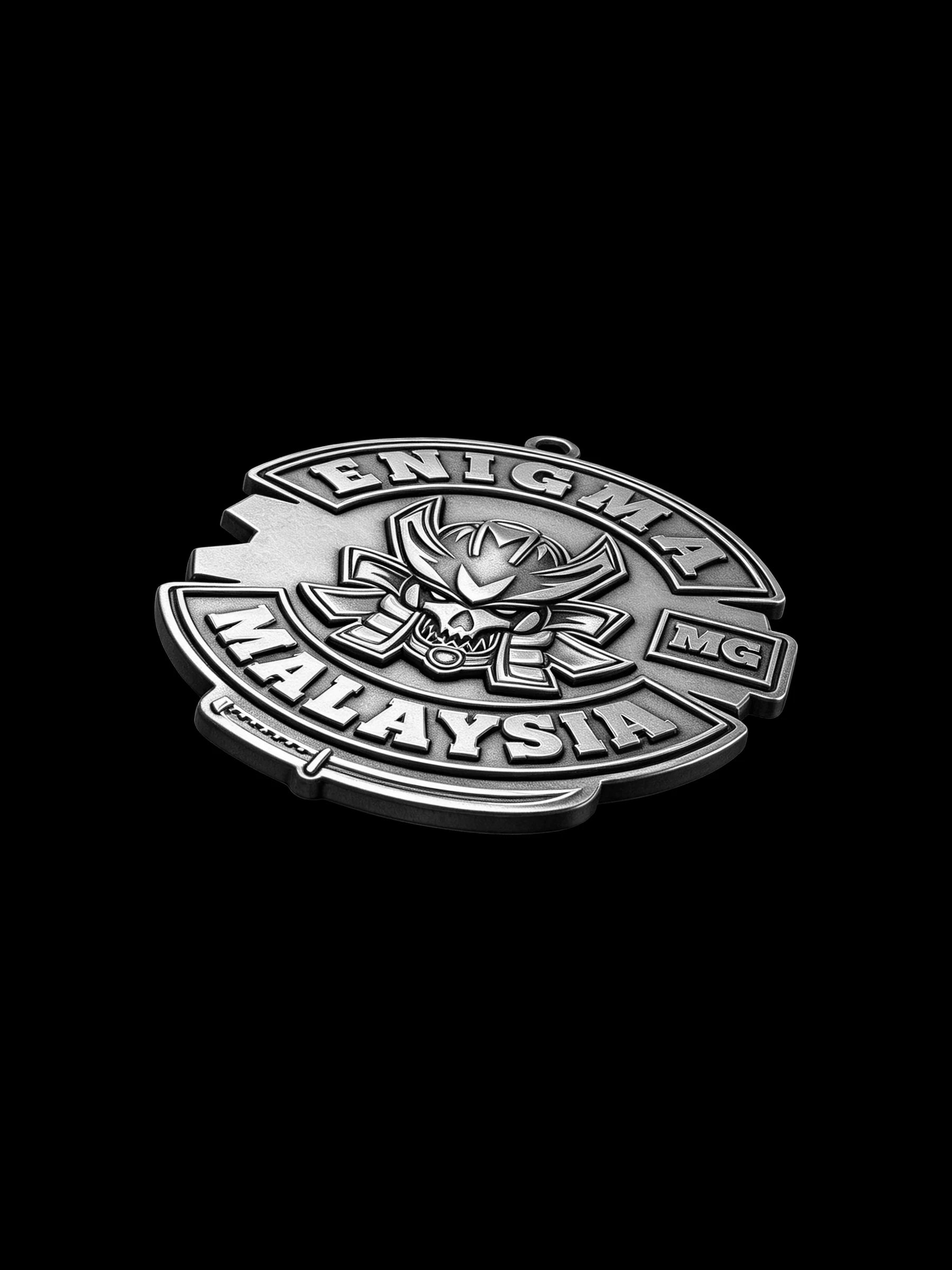 Custom samurai demon motorcycle club pendant craftsmanship reference, side profile