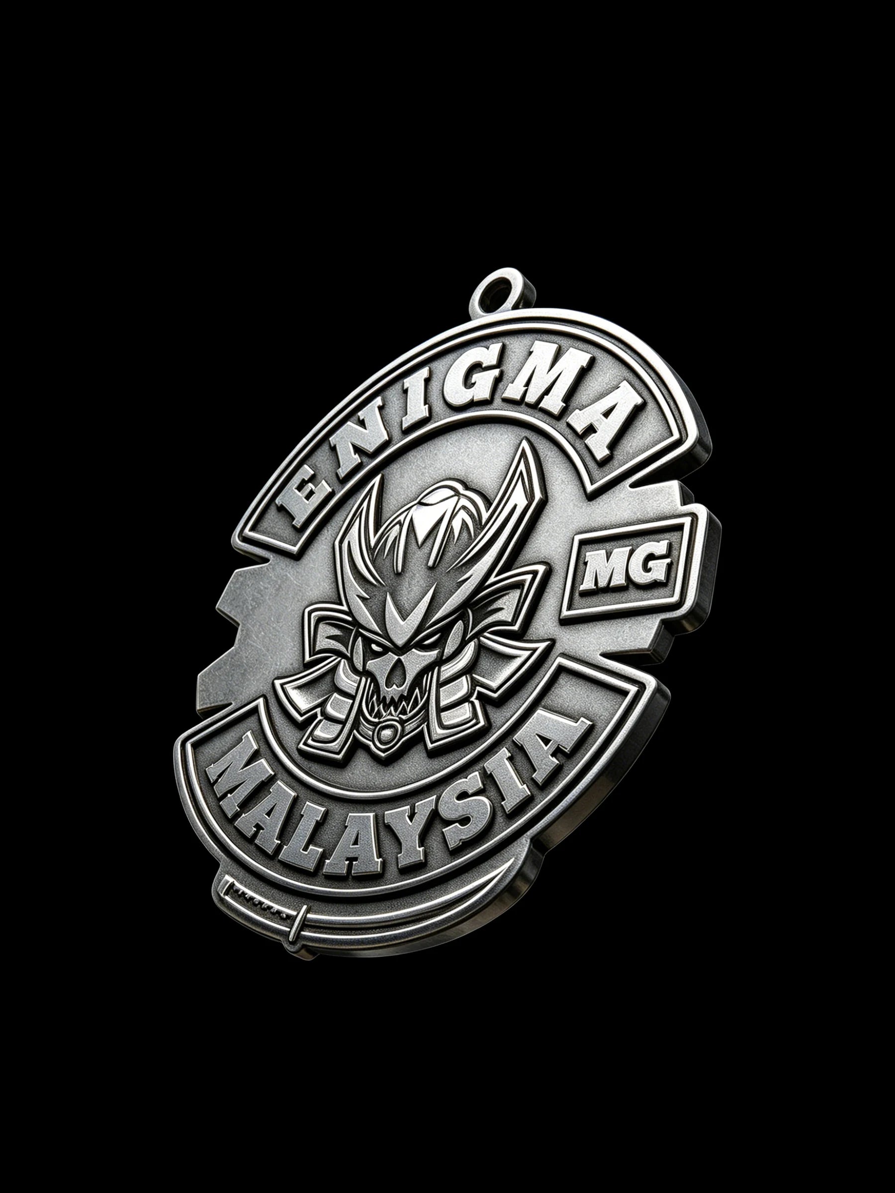 Custom samurai demon motorcycle club pendant craftsmanship reference, three quarter view