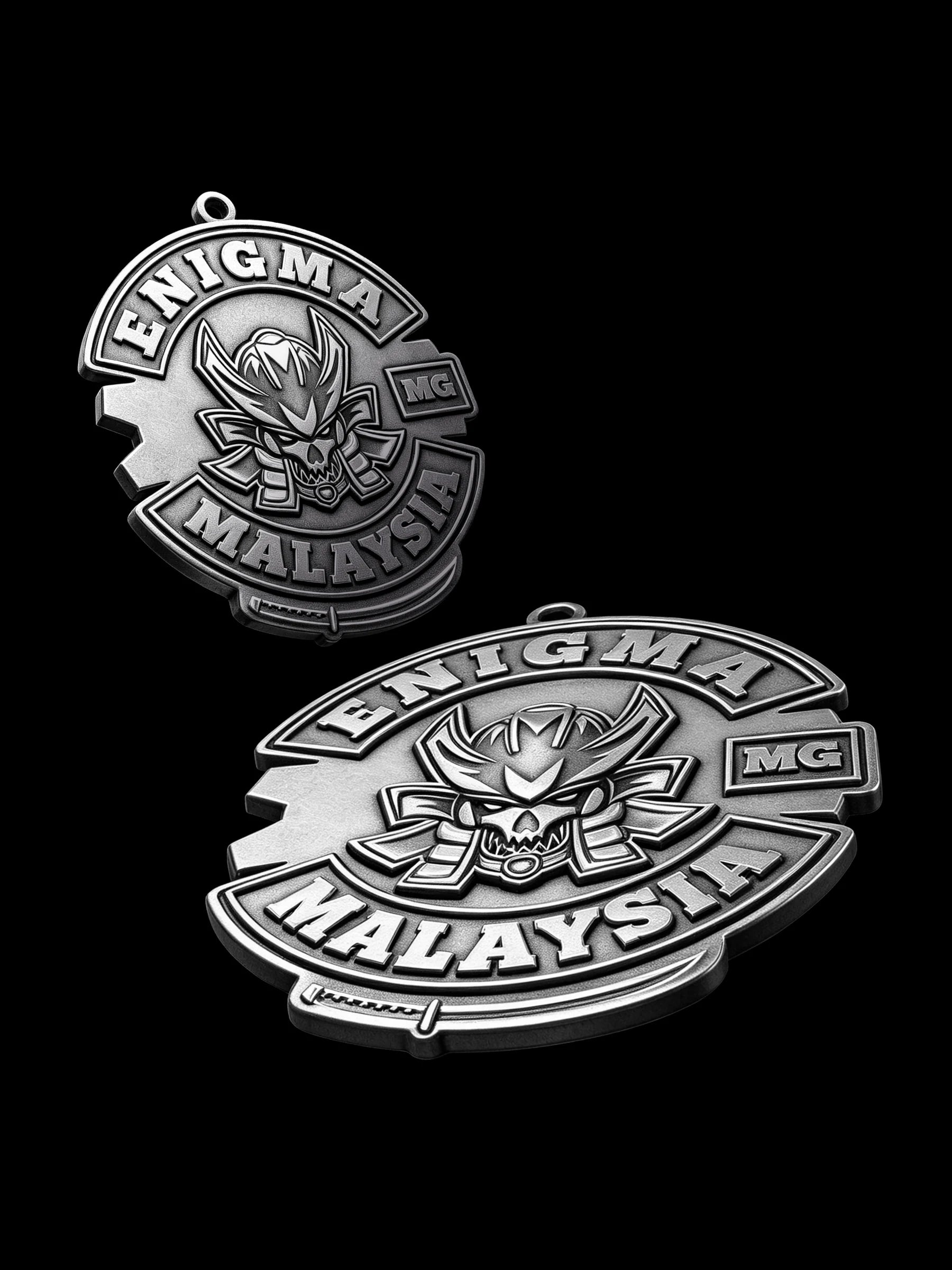 Custom samurai demon motorcycle club pendant craftsmanship reference, with chain
