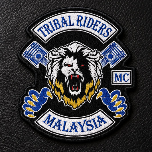 Solid custom-shape motorcycle club memorial patch based on an authorized emblem.