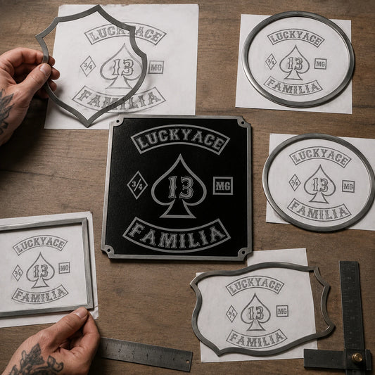 Custom-shape motorcycle club sign developed around the proportions of approved club artwork.