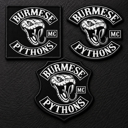 Rectangle, curved-bar and custom-shape motorcycle club officer patches.