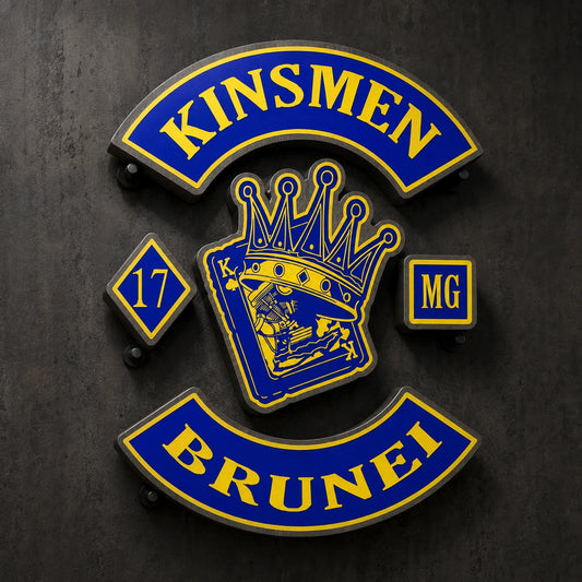 Custom-shaped motorcycle club metal sign following the outline of an approved club emblem.