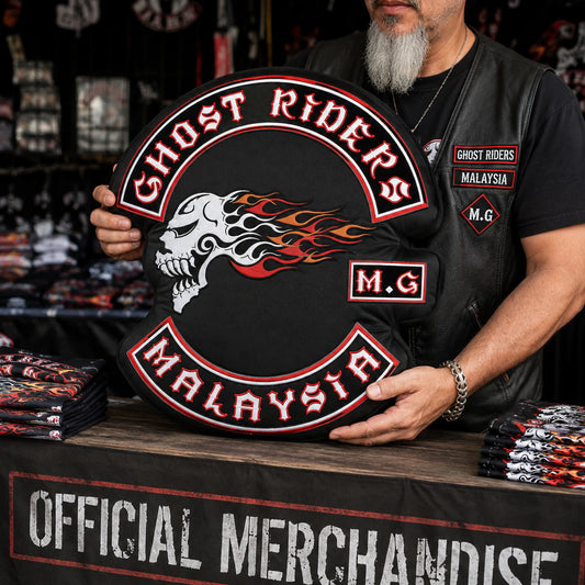 Custom-shaped motorcycle club pillow following the silhouette of approved club artwork.