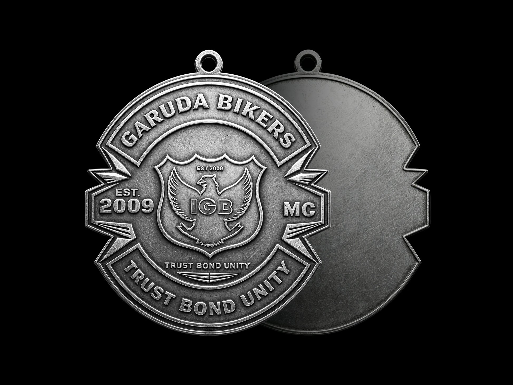 Custom shield emblem motorcycle club pendant craftsmanship reference, back and front