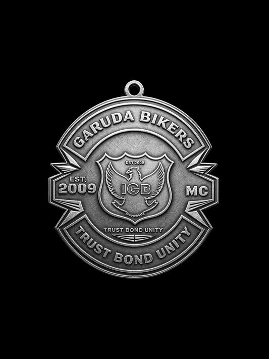 Custom shield emblem motorcycle club pendant craftsmanship reference, front view