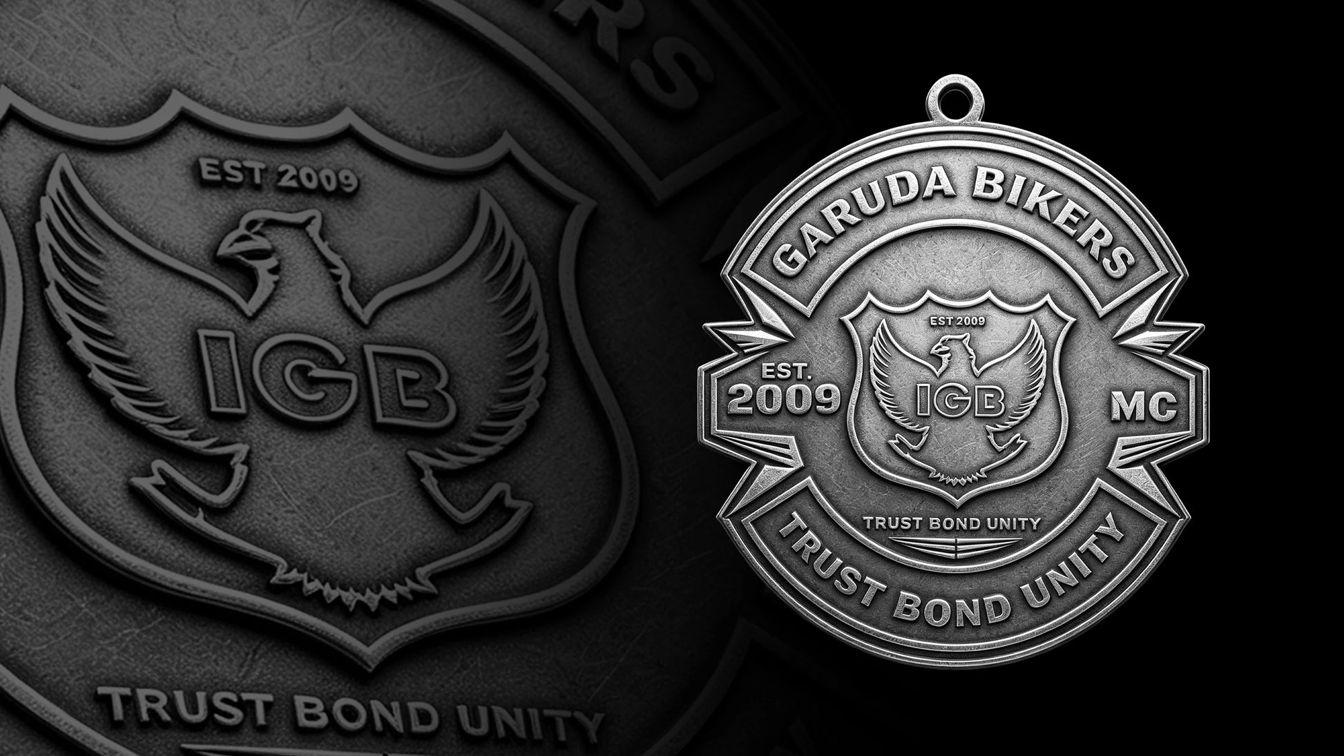 Custom shield emblem motorcycle club pendant craftsmanship reference, gallery layout