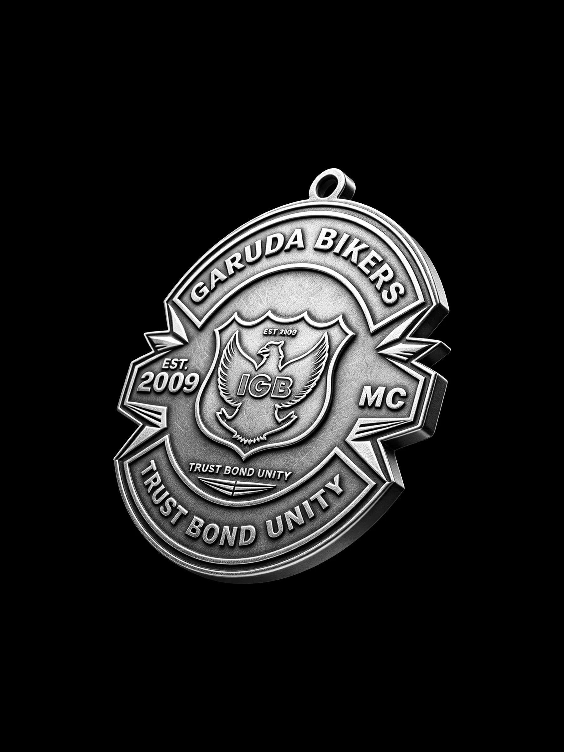Custom shield emblem motorcycle club pendant craftsmanship reference, left angle