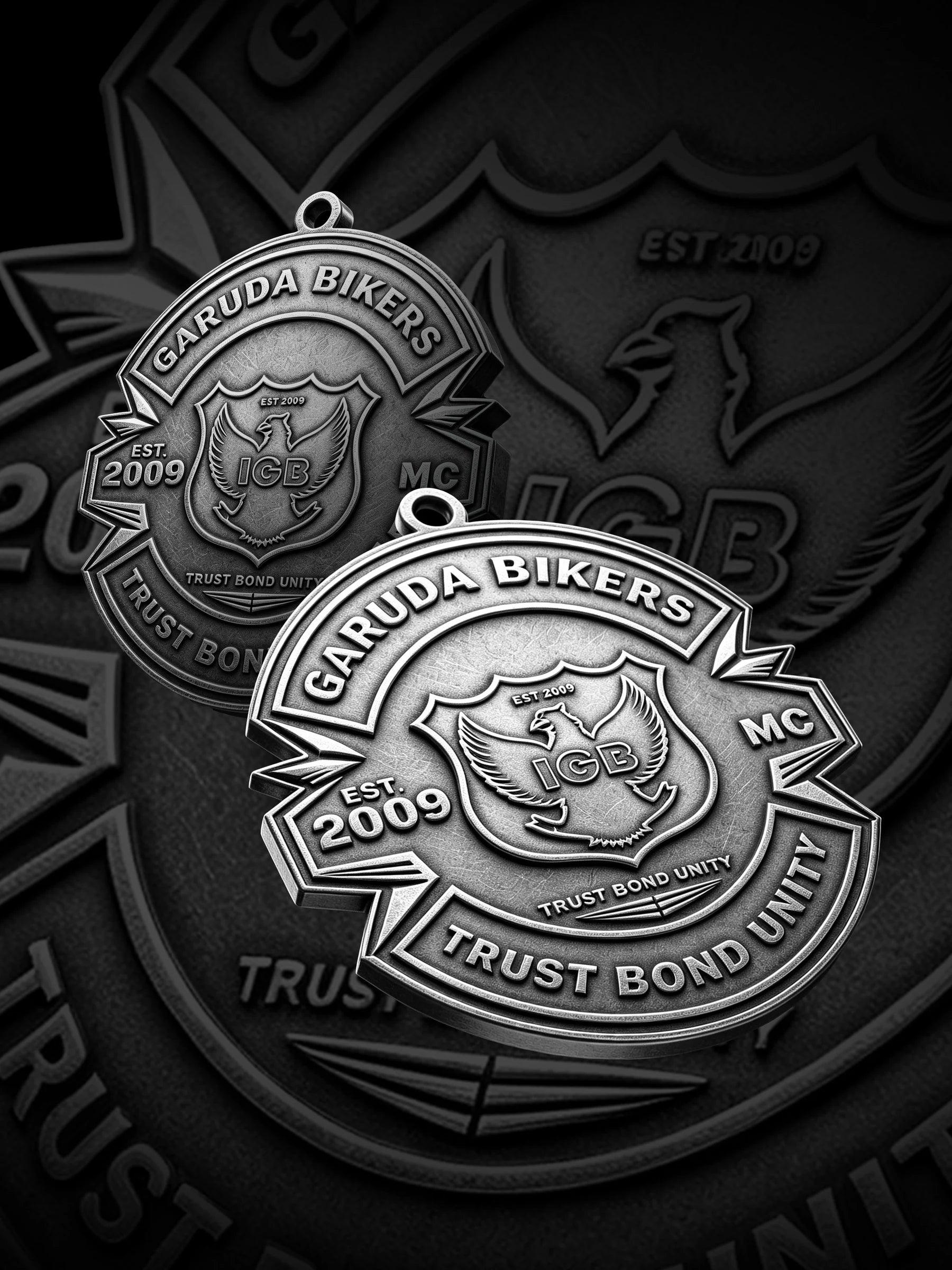 Custom shield emblem motorcycle club pendant craftsmanship reference, paired display