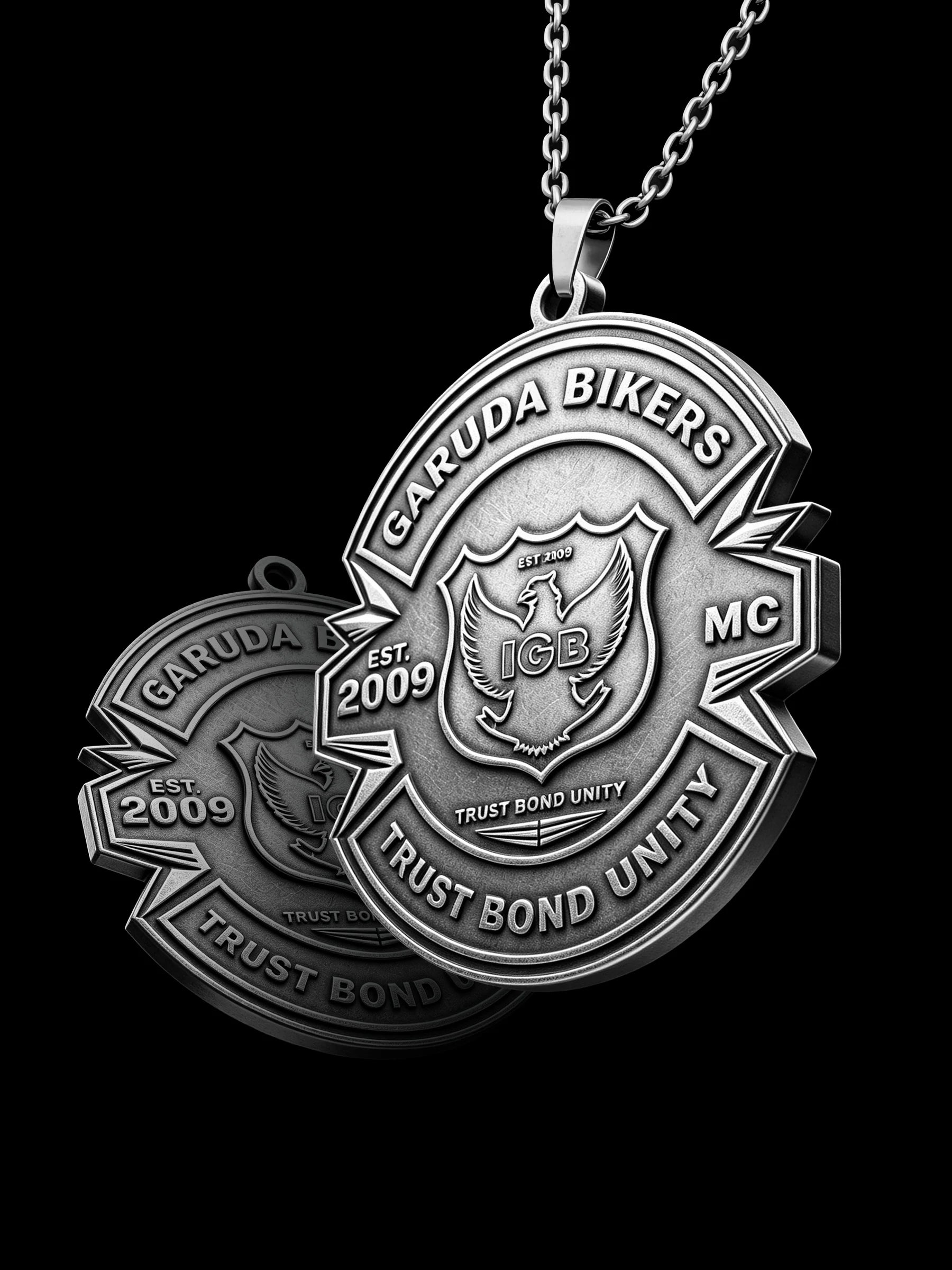 Custom shield emblem motorcycle club pendant craftsmanship reference, raised relief detail