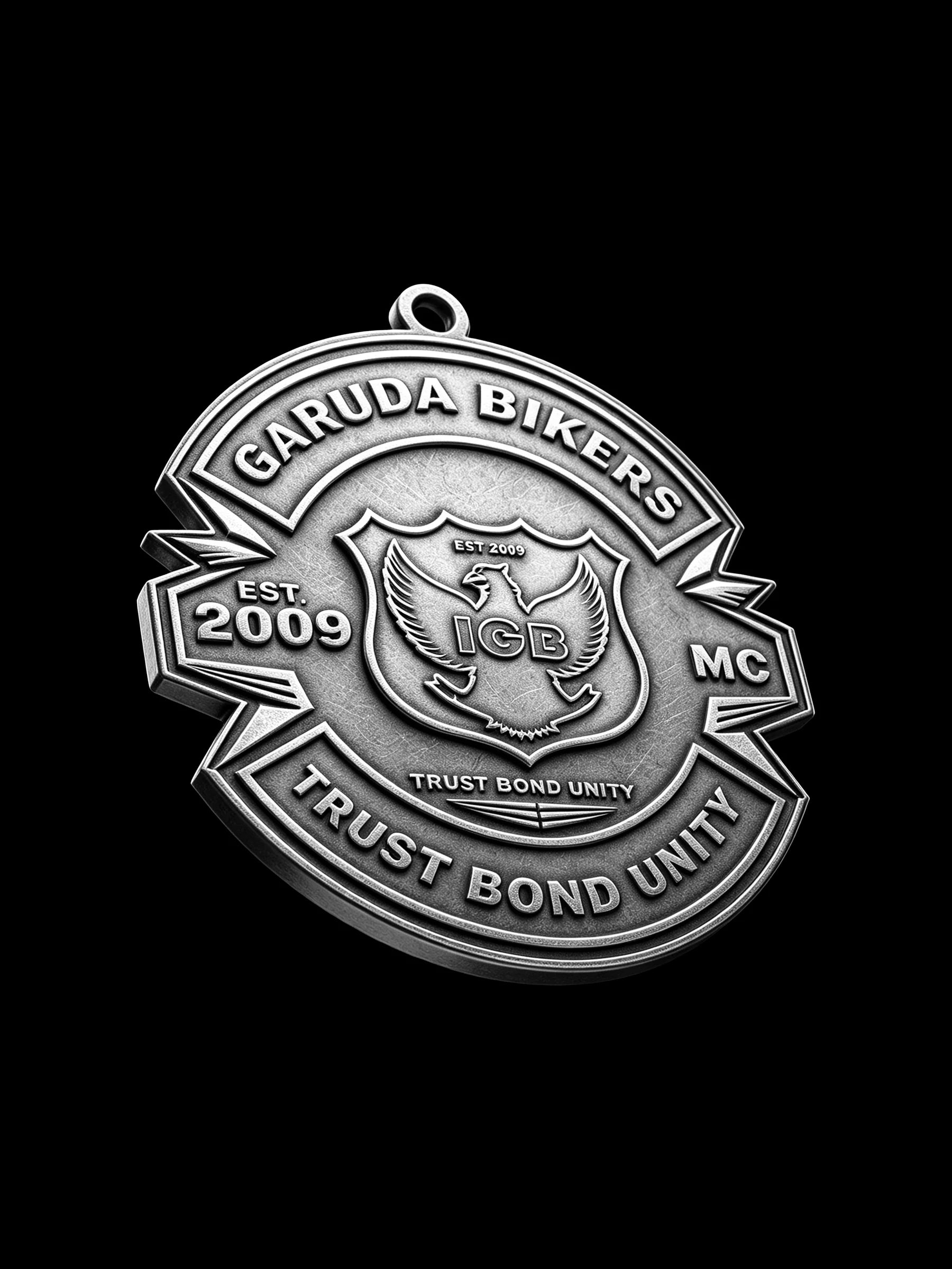 Custom shield emblem motorcycle club pendant craftsmanship reference, right angle