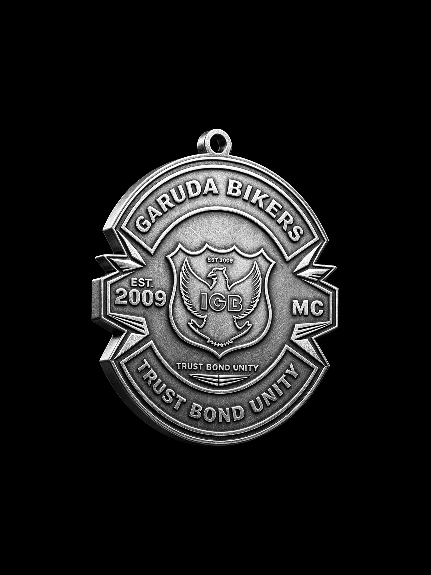 Custom shield emblem motorcycle club pendant craftsmanship reference, side profile