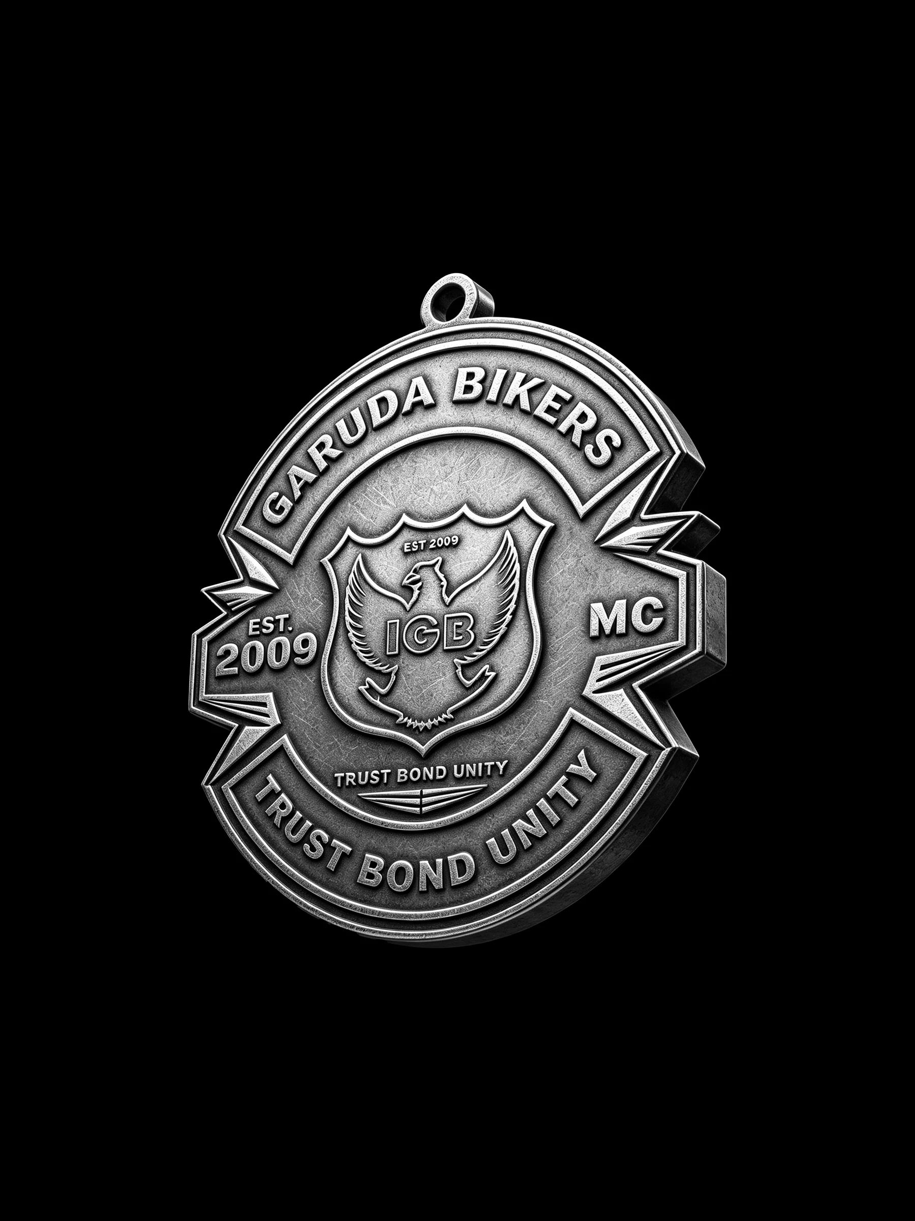 Custom shield emblem motorcycle club pendant craftsmanship reference, three quarter view