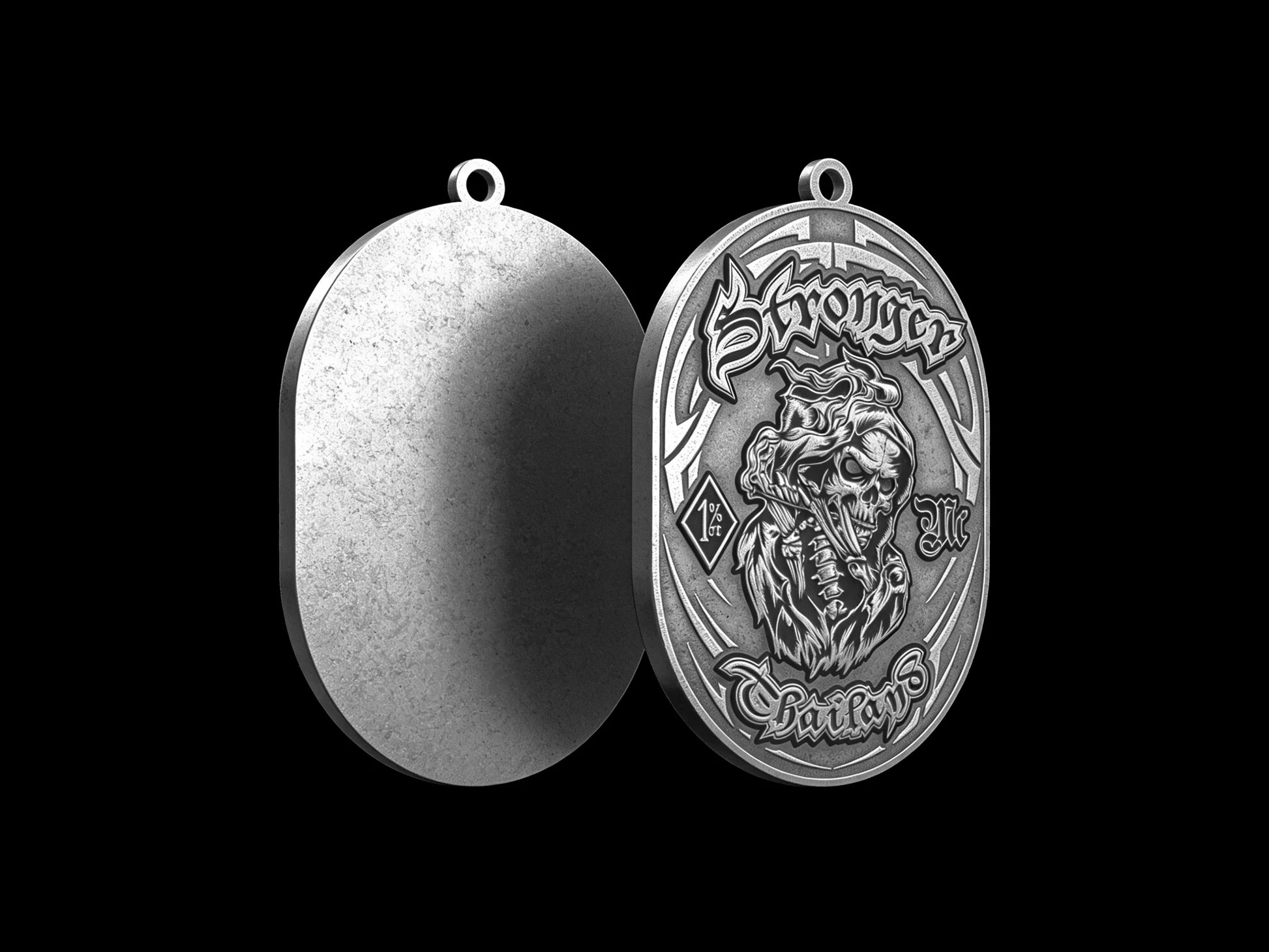 Custom snarling panther motorcycle club pendant craftsmanship reference, back and front