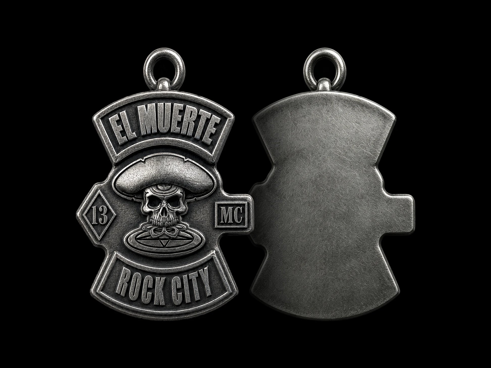 Custom sombrero skull motorcycle club pendant craftsmanship reference, back and front