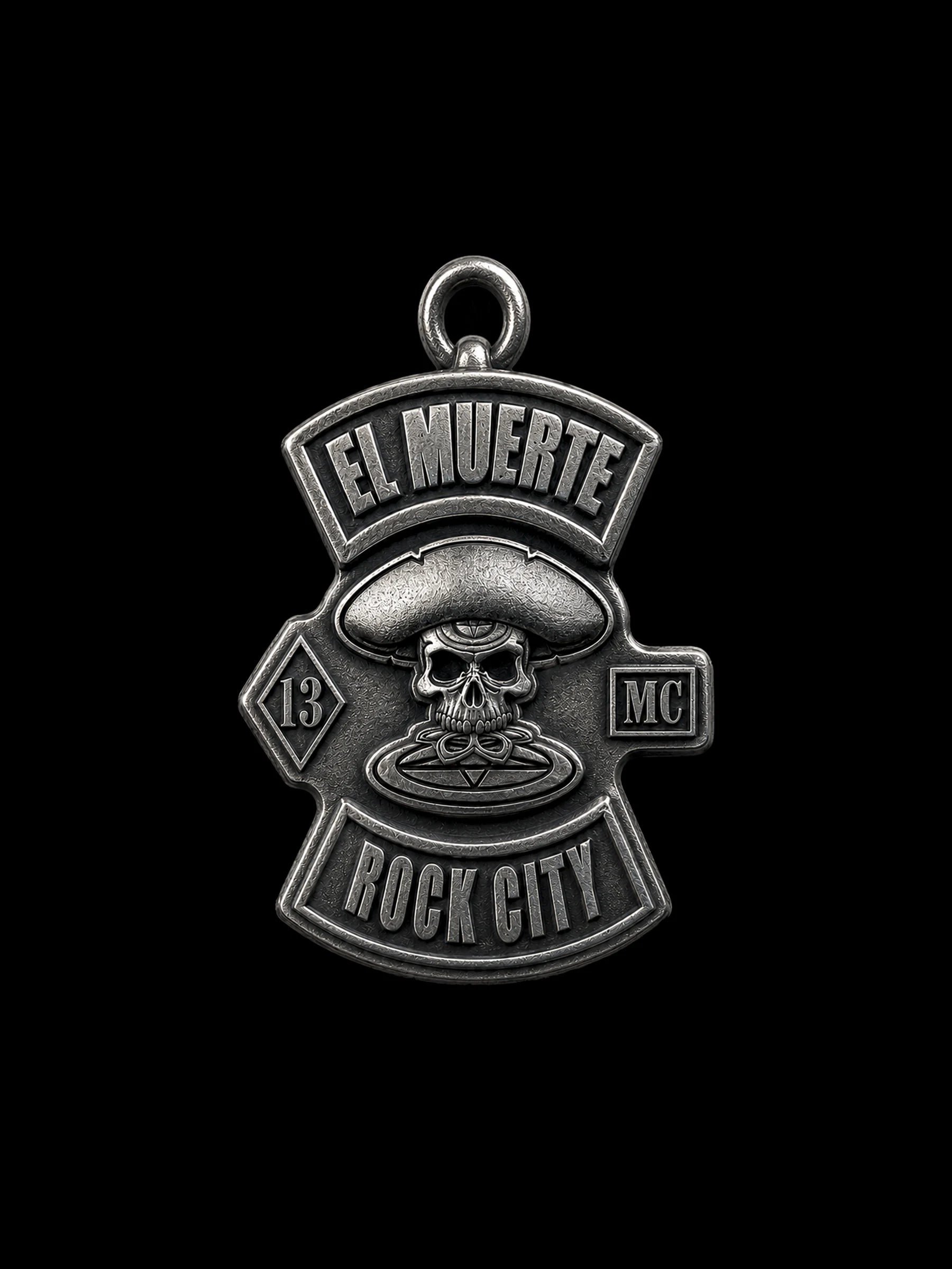 Custom sombrero skull motorcycle club pendant craftsmanship reference, front view