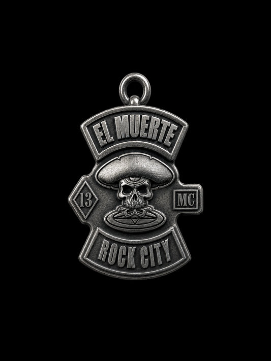 Custom sombrero skull motorcycle club pendant craftsmanship reference, front view