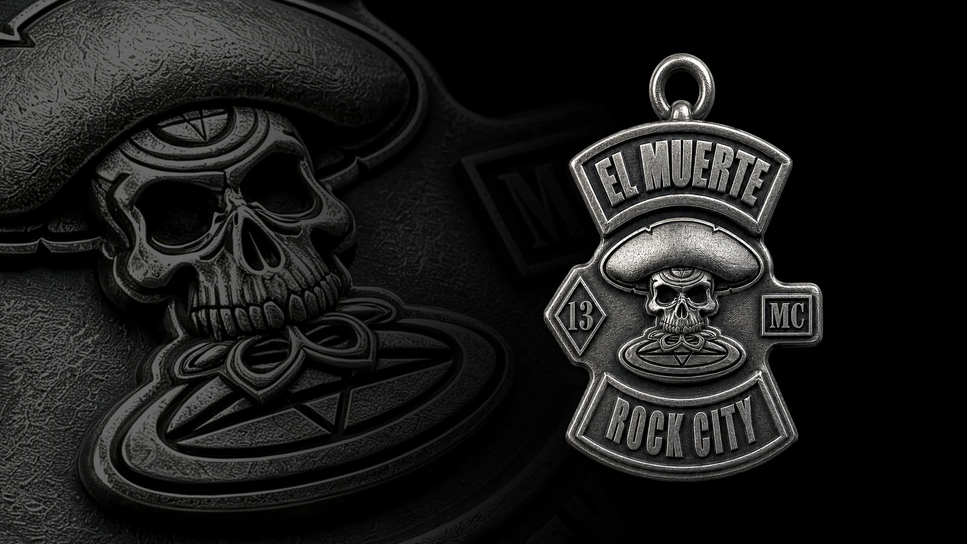 Custom sombrero skull motorcycle club pendant craftsmanship reference, gallery layout