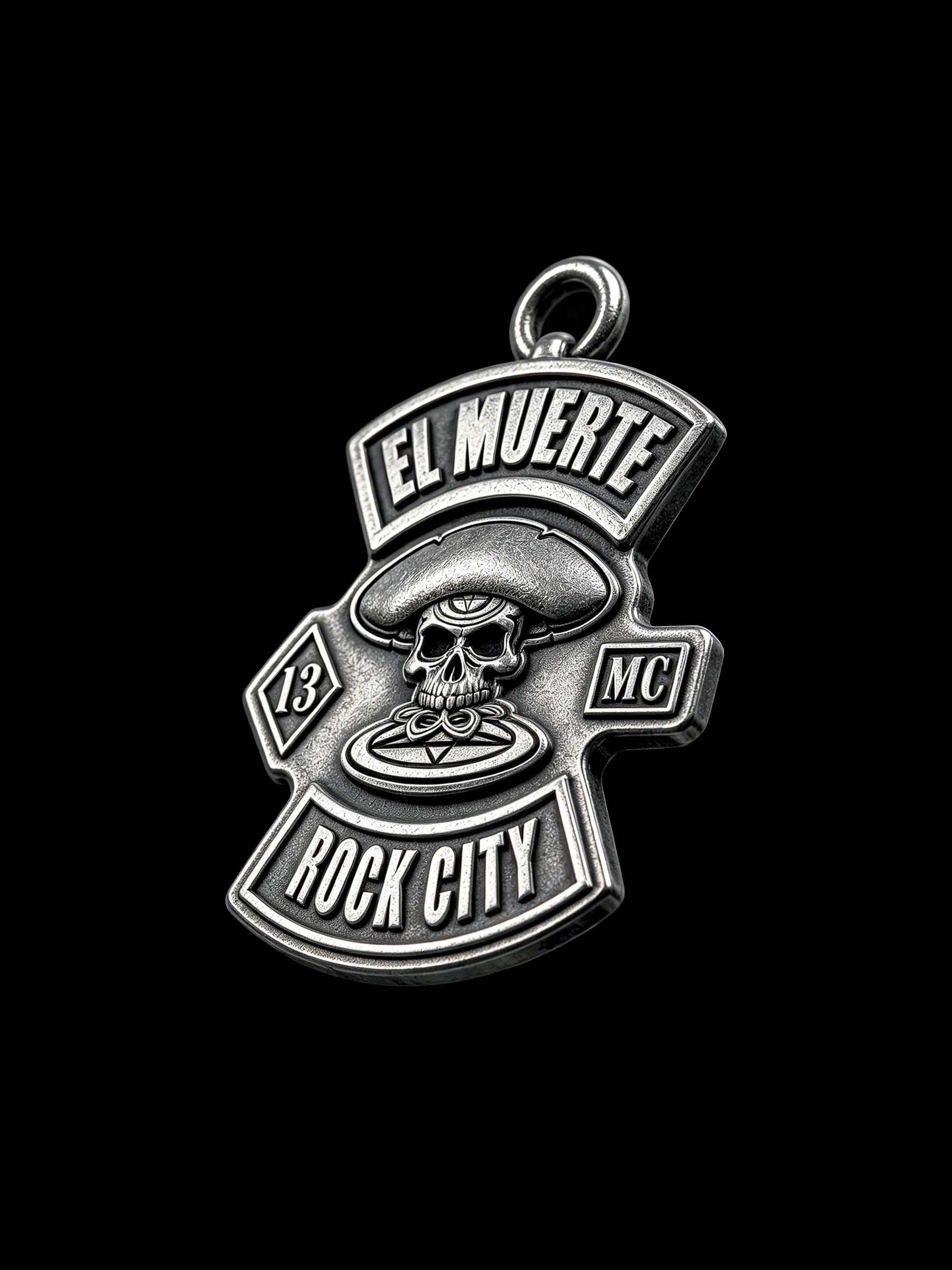 Custom sombrero skull motorcycle club pendant craftsmanship reference, left angle