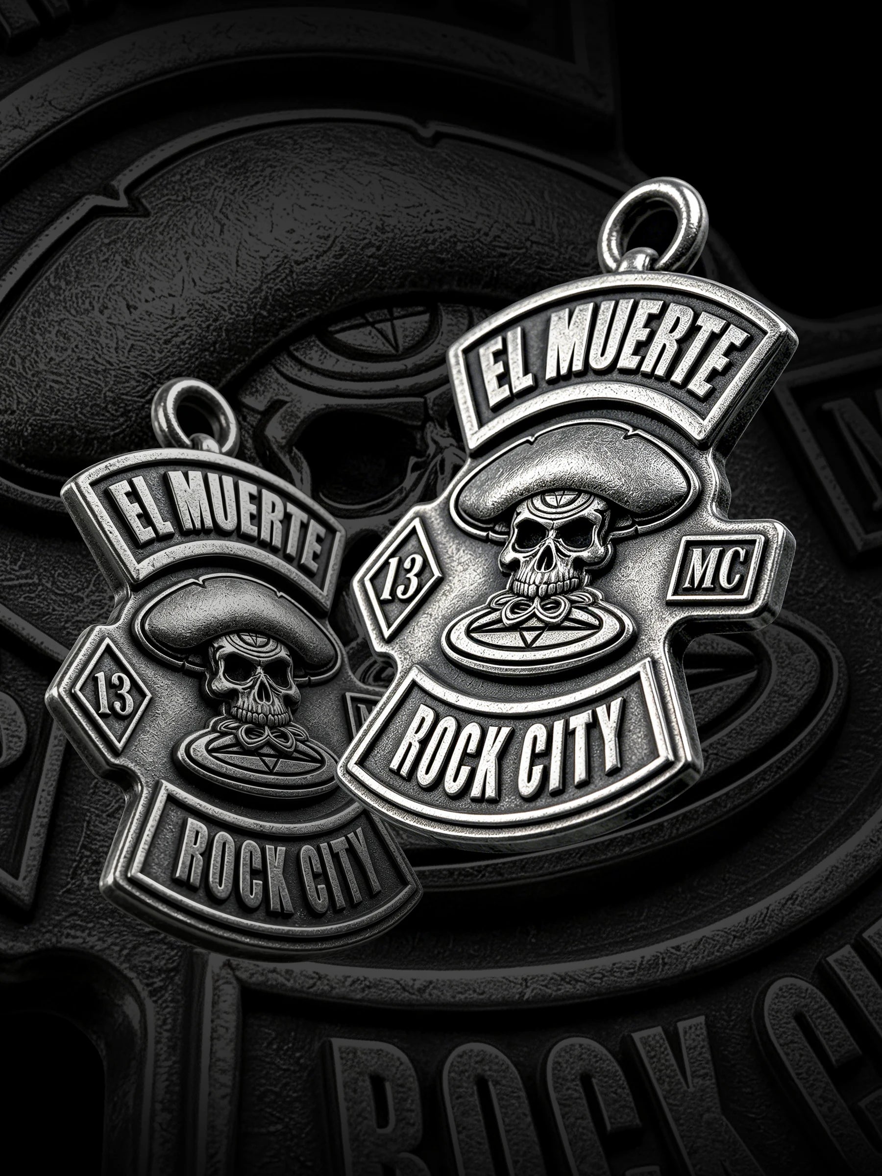 Custom sombrero skull motorcycle club pendant craftsmanship reference, paired display