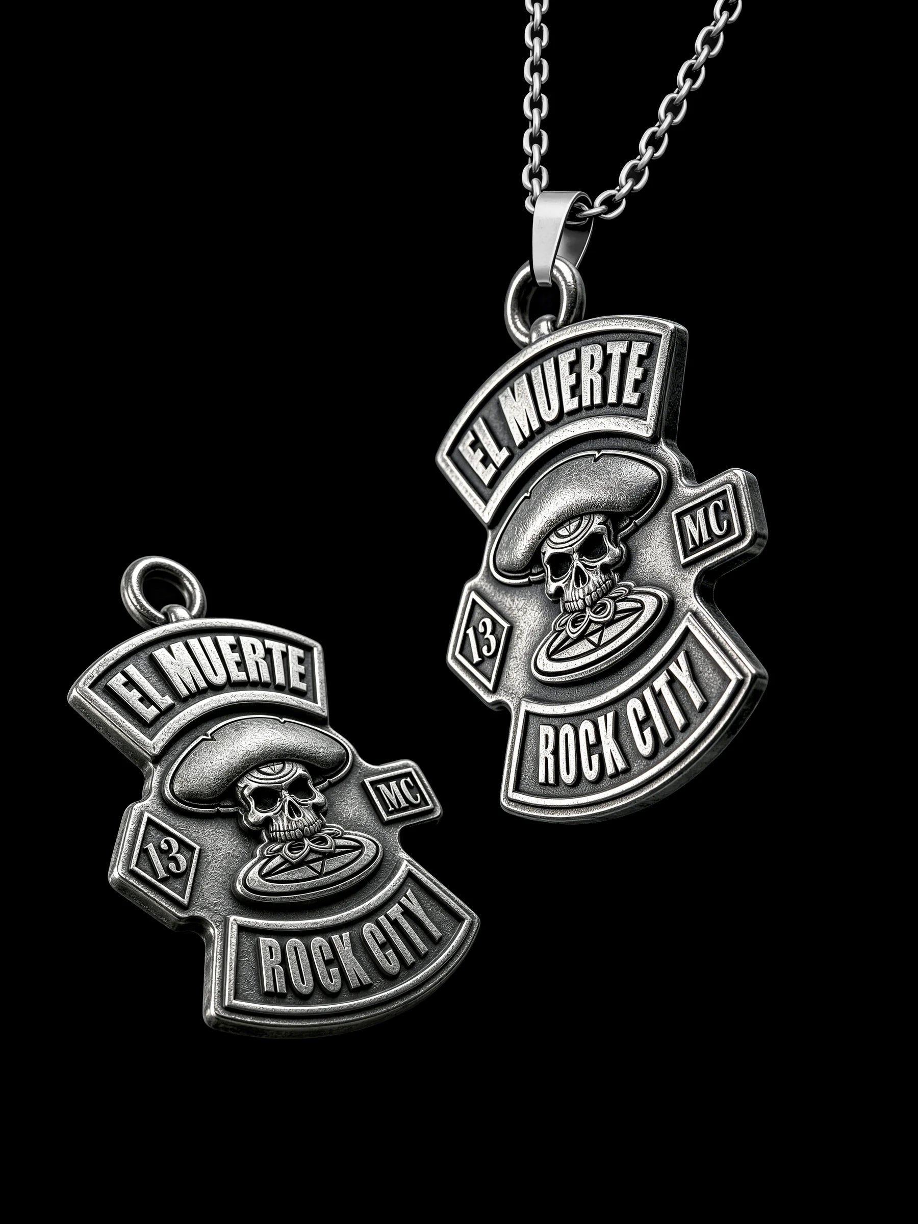 Custom sombrero skull motorcycle club pendant craftsmanship reference, raised relief detail