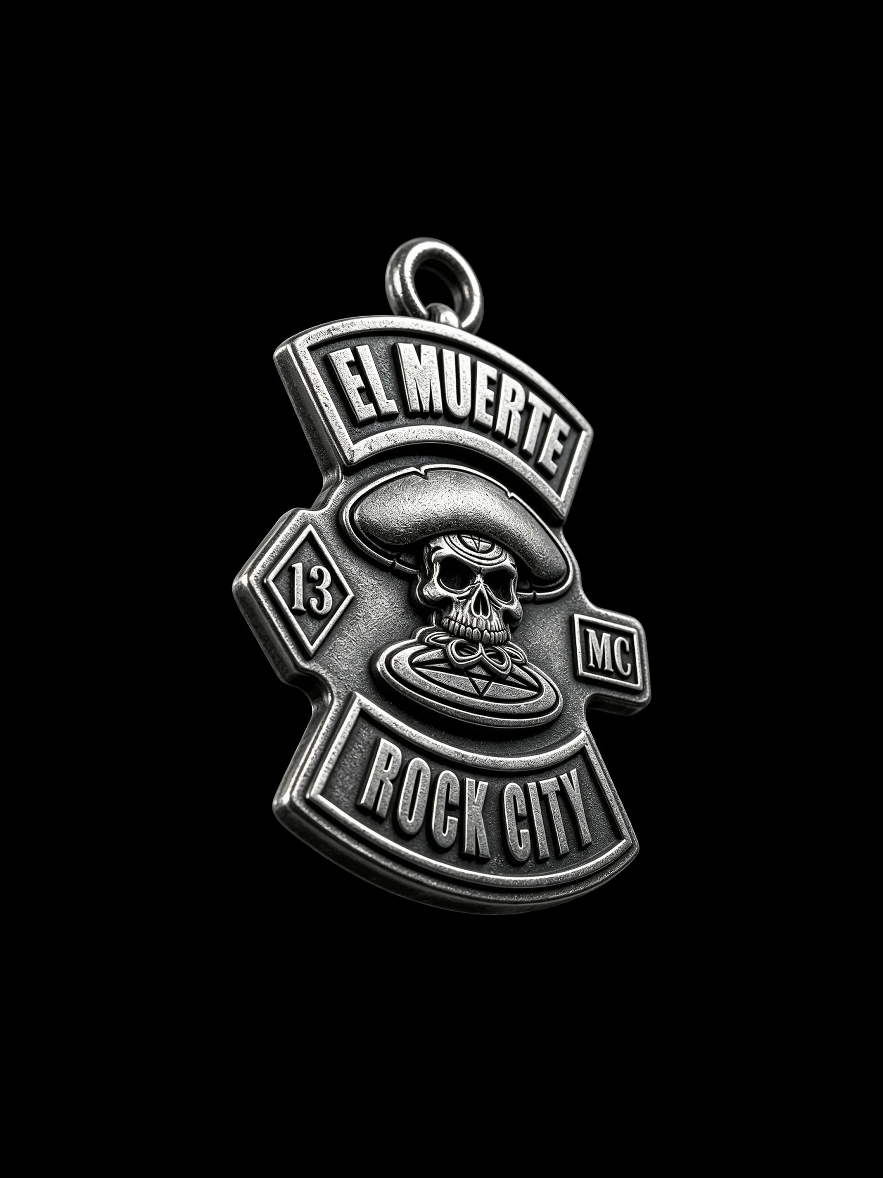 Custom sombrero skull motorcycle club pendant craftsmanship reference, right angle