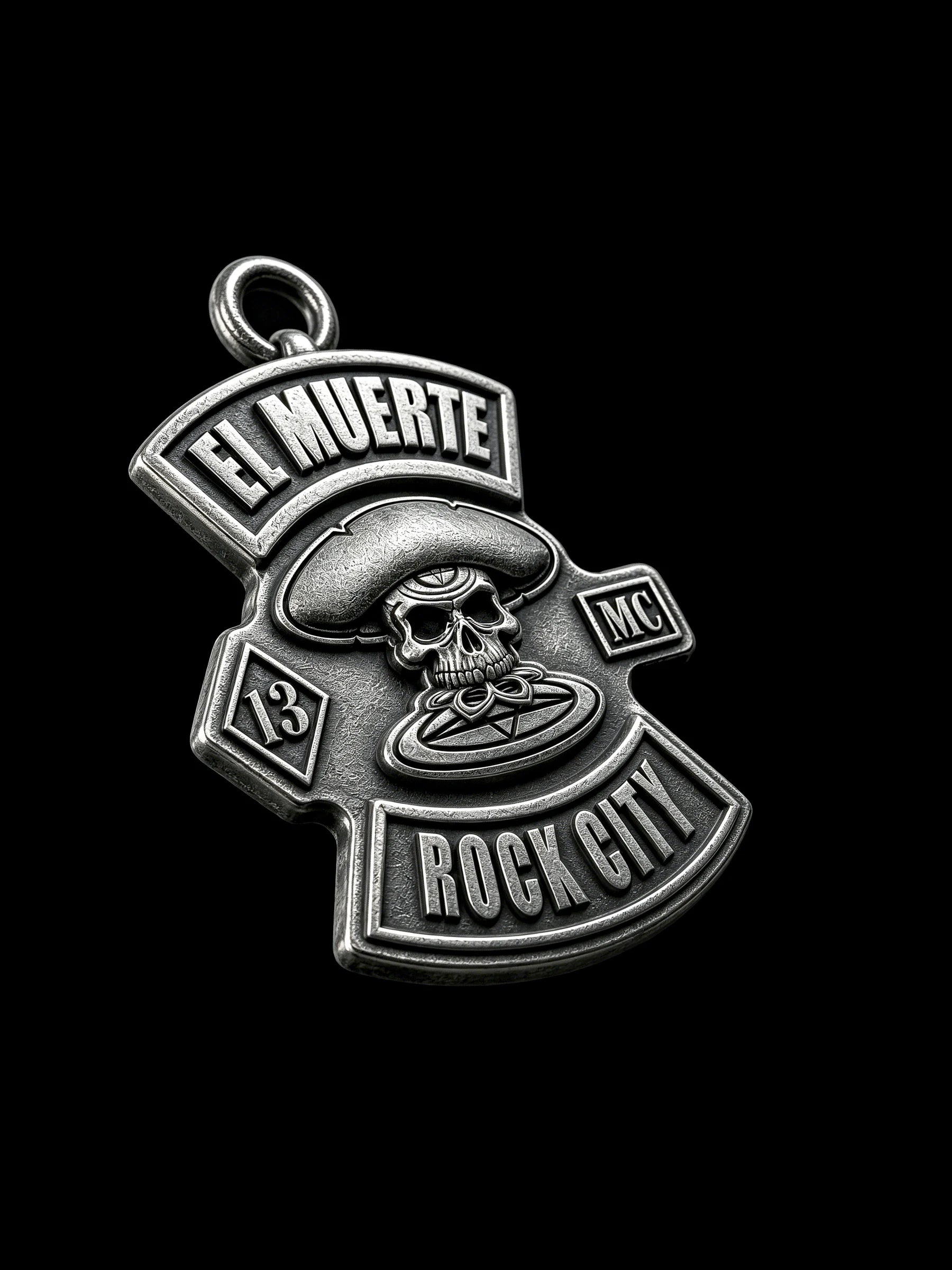Custom sombrero skull motorcycle club pendant craftsmanship reference, side profile