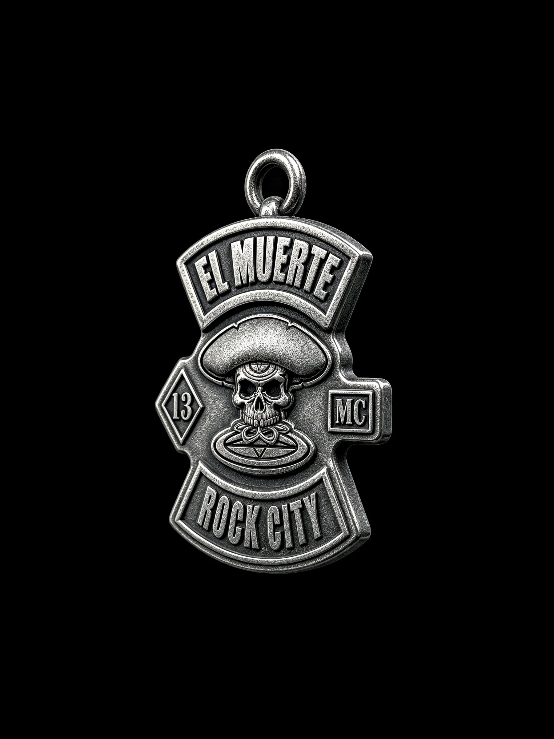 Custom sombrero skull motorcycle club pendant craftsmanship reference, three quarter view