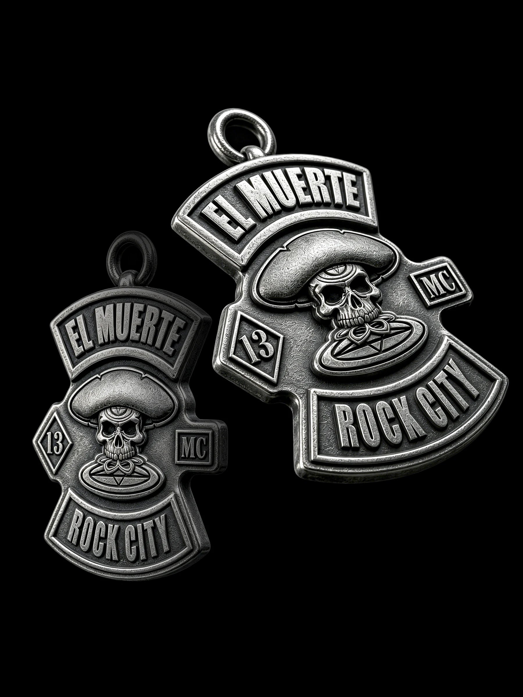 Custom sombrero skull motorcycle club pendant craftsmanship reference, with chain