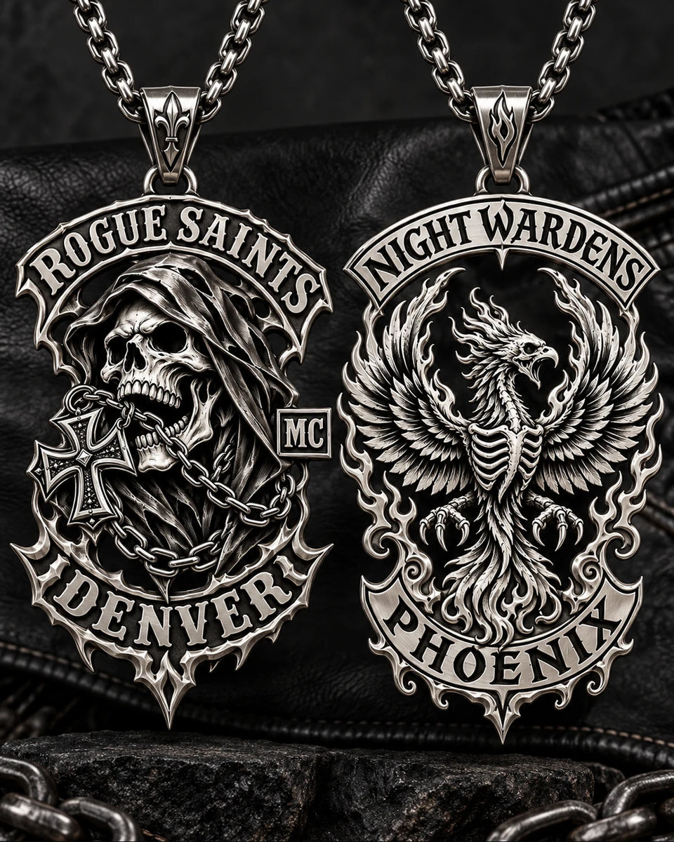 Two custom stainless steel motorcycle club pendants arranged vertically with complete bails for a mobile hero.