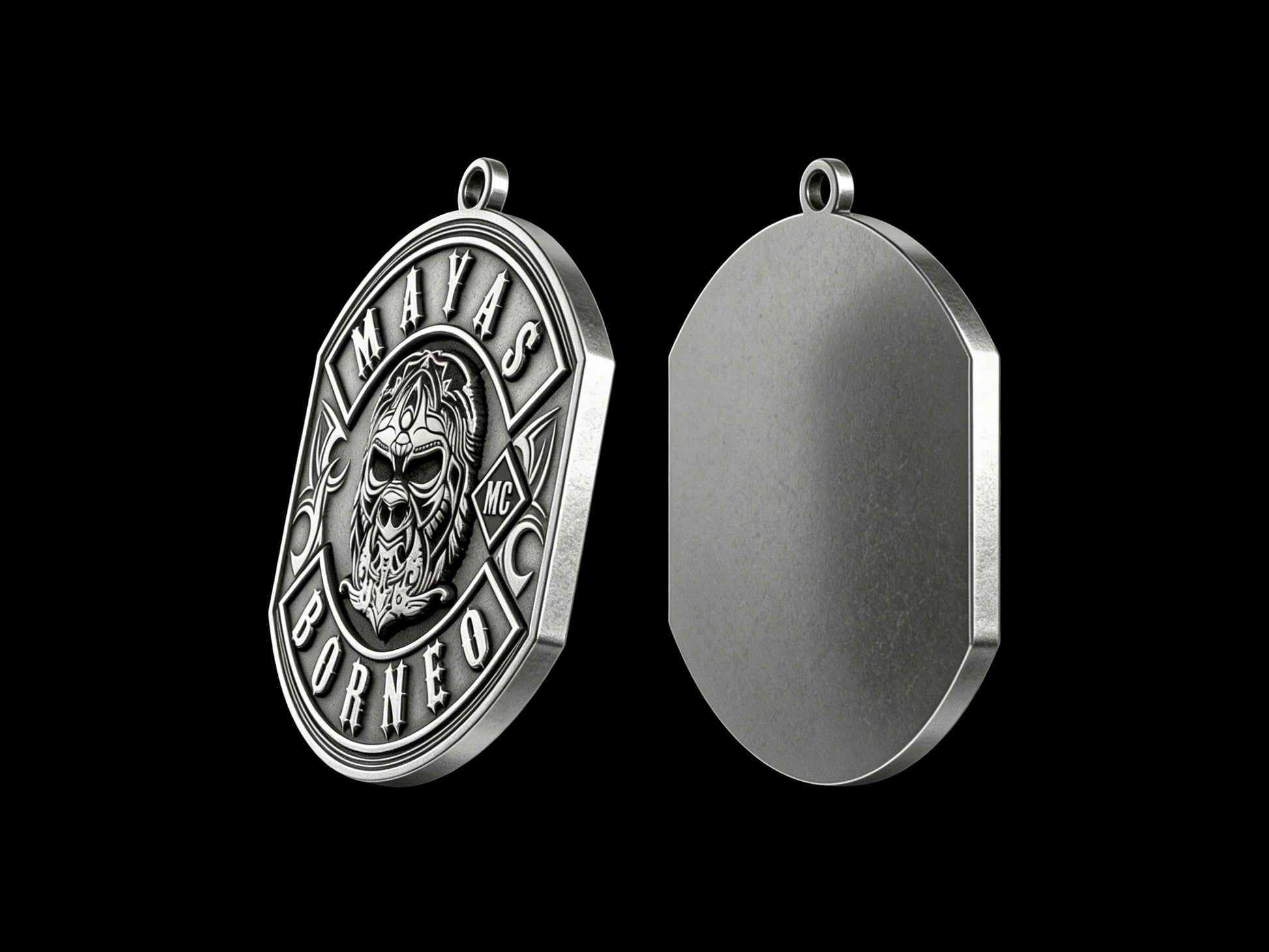 Custom tribal warrior motorcycle club pendant craftsmanship reference, back and front